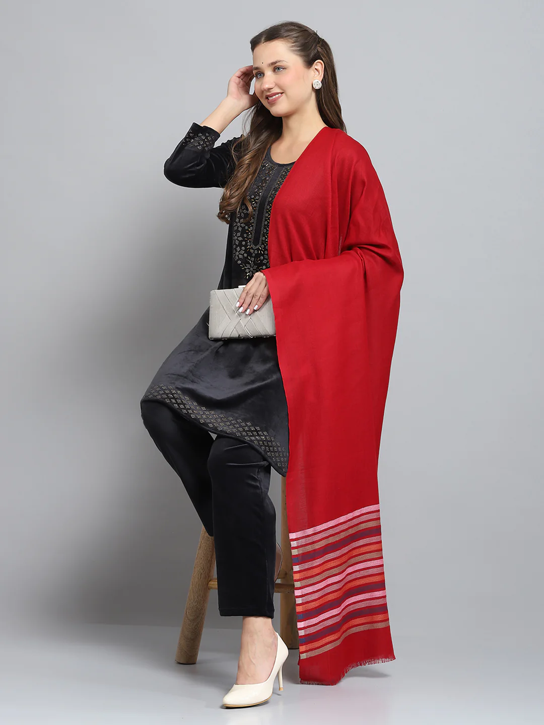 Women Maroon Self Design Shawl - Image 5