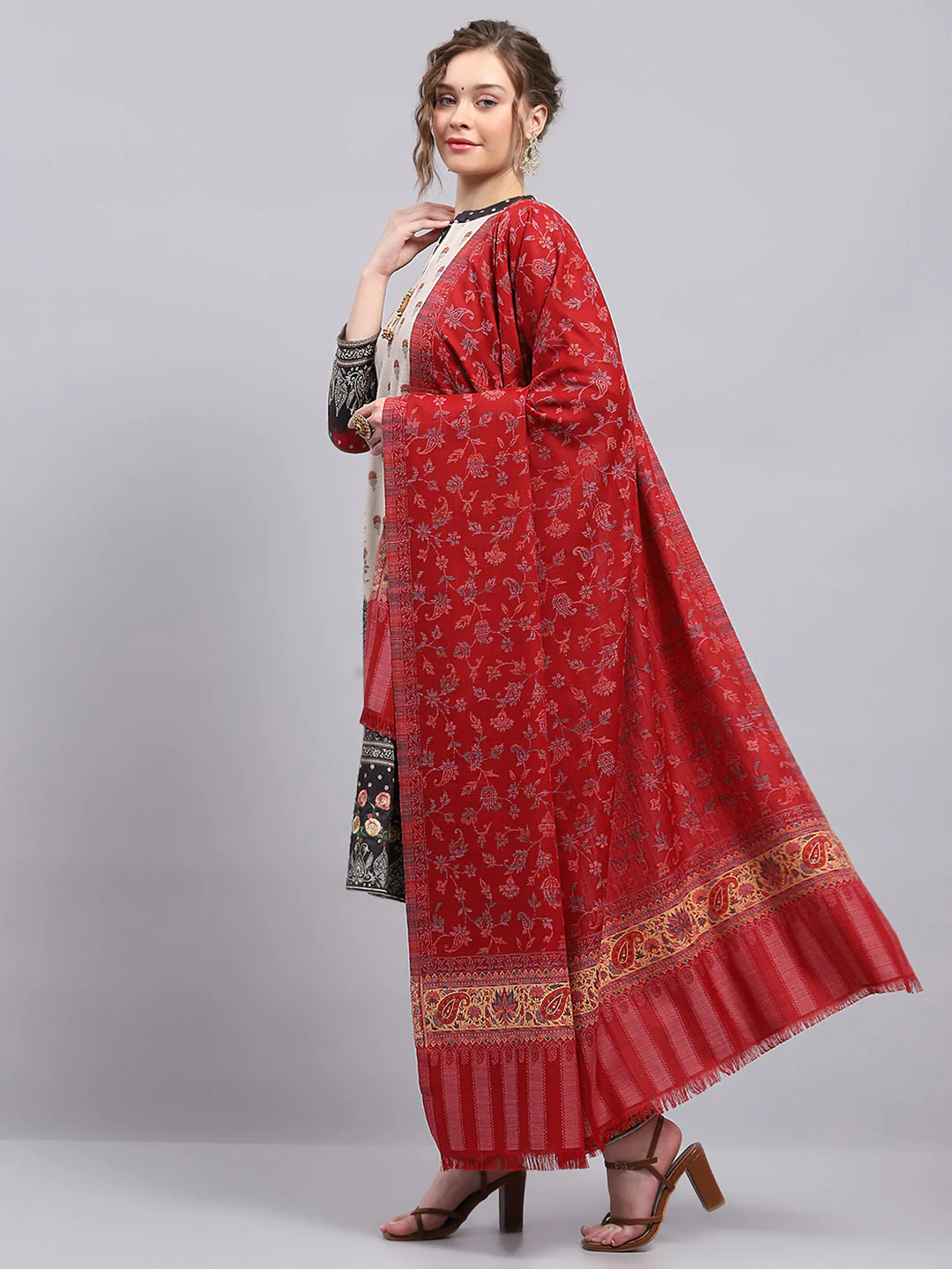 Women Maroon Self Design Shawl - Image 3