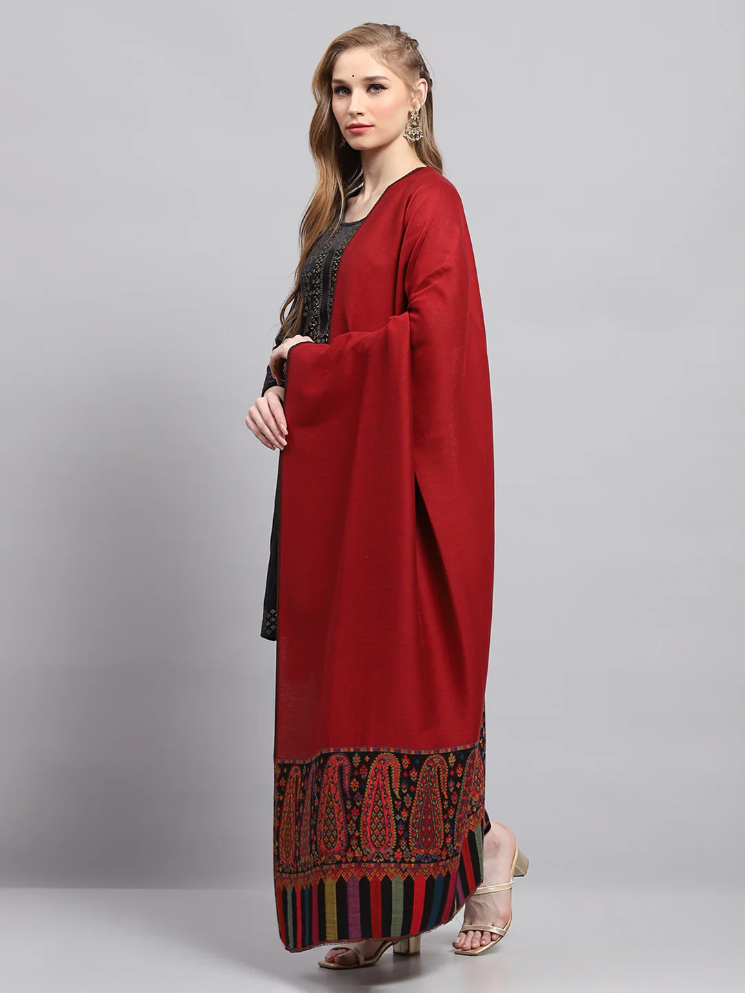 Women Maroon Self Design Shawl - Image 3