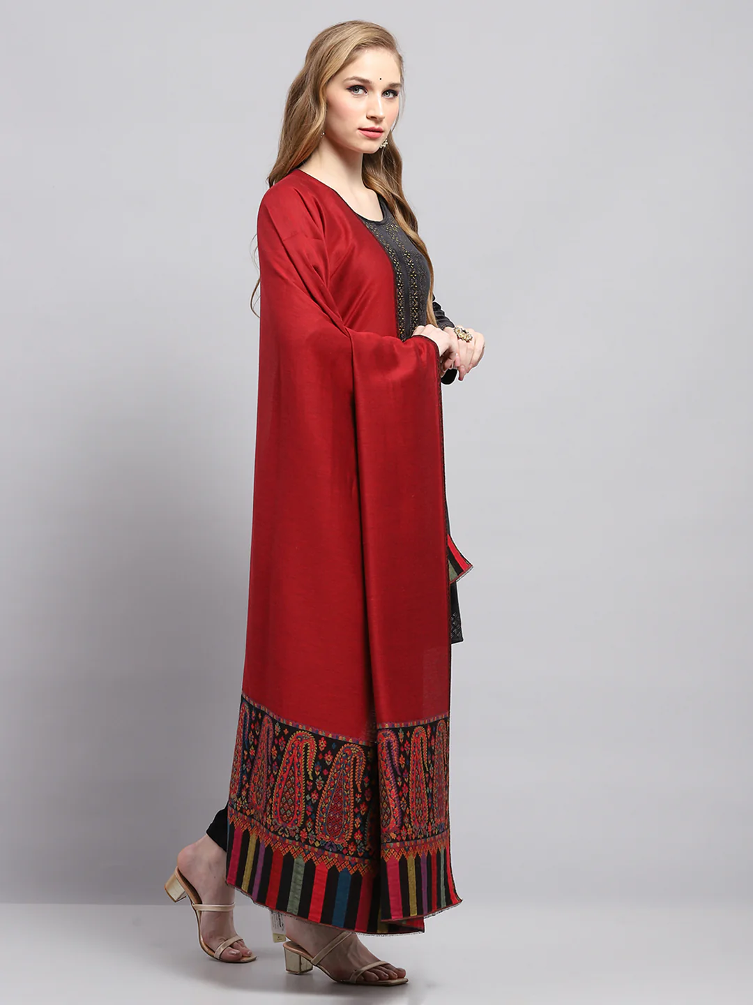 Women Maroon Self Design Shawl - Image 4
