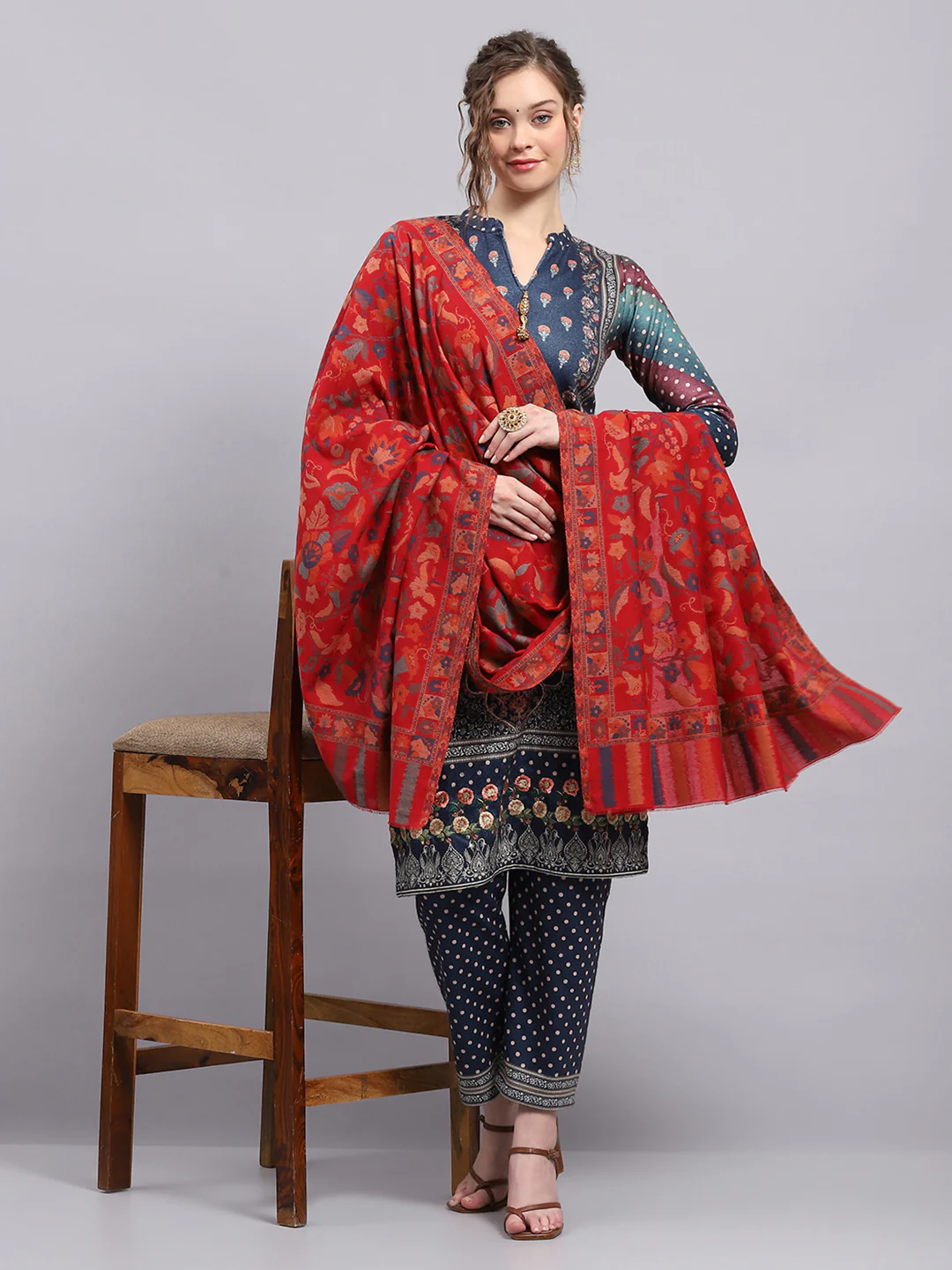 Women Maroon Self Design Shawl - Image 5
