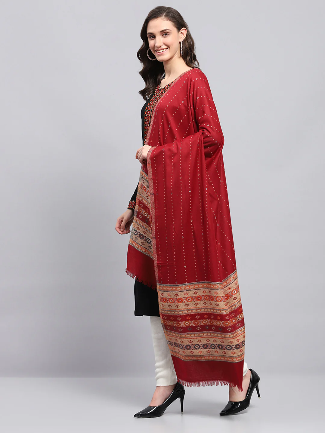 Women Maroon Self Design Shawl - Image 3