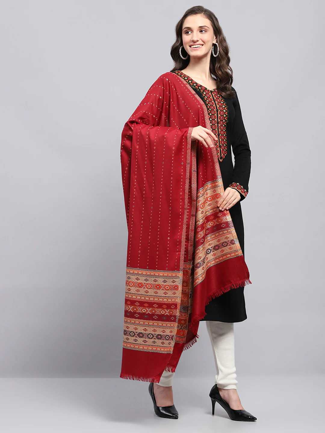 Women Maroon Self Design Shawl - Image 4