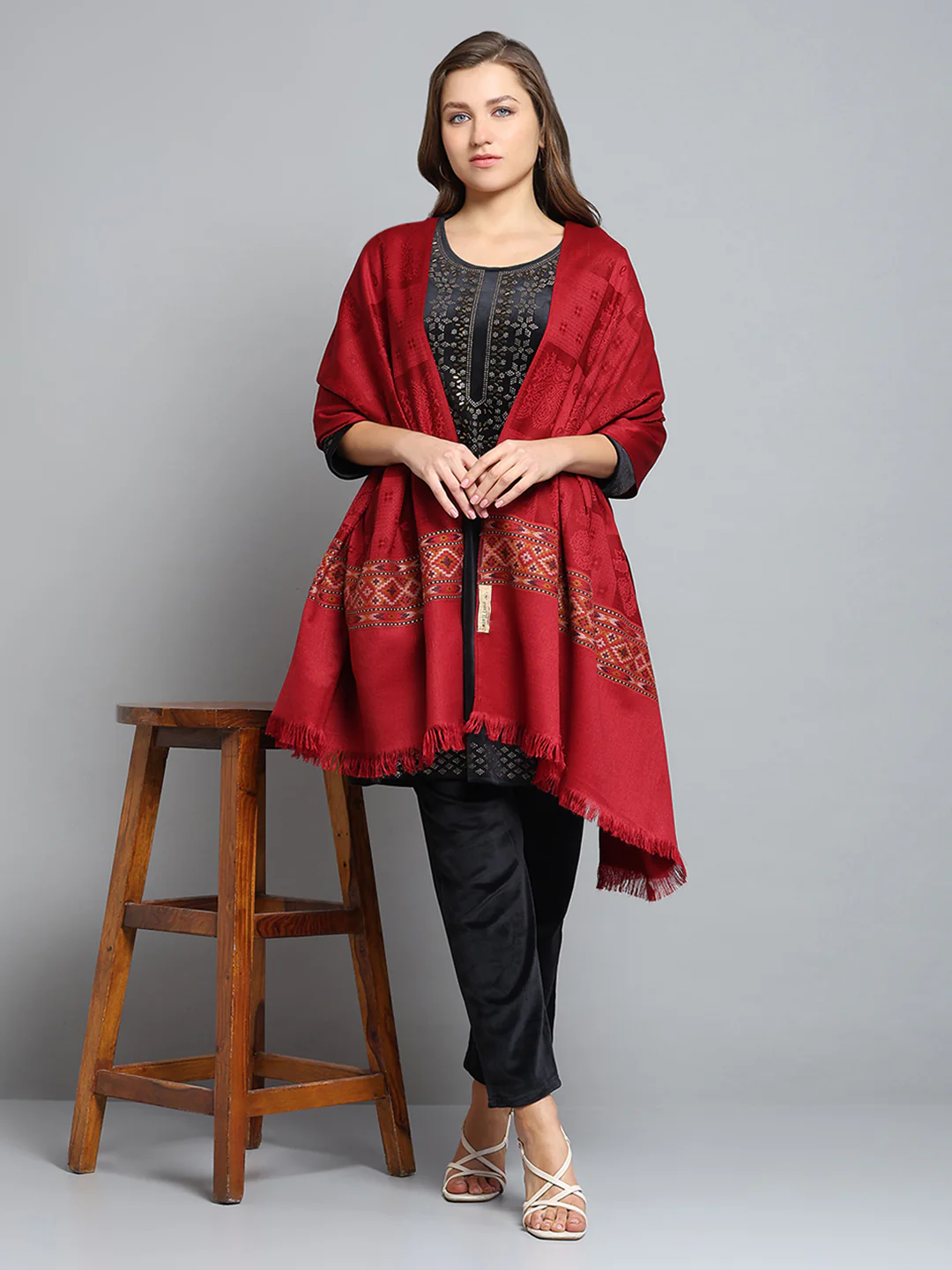 Women Maroon Self Design Shawl - Image 2