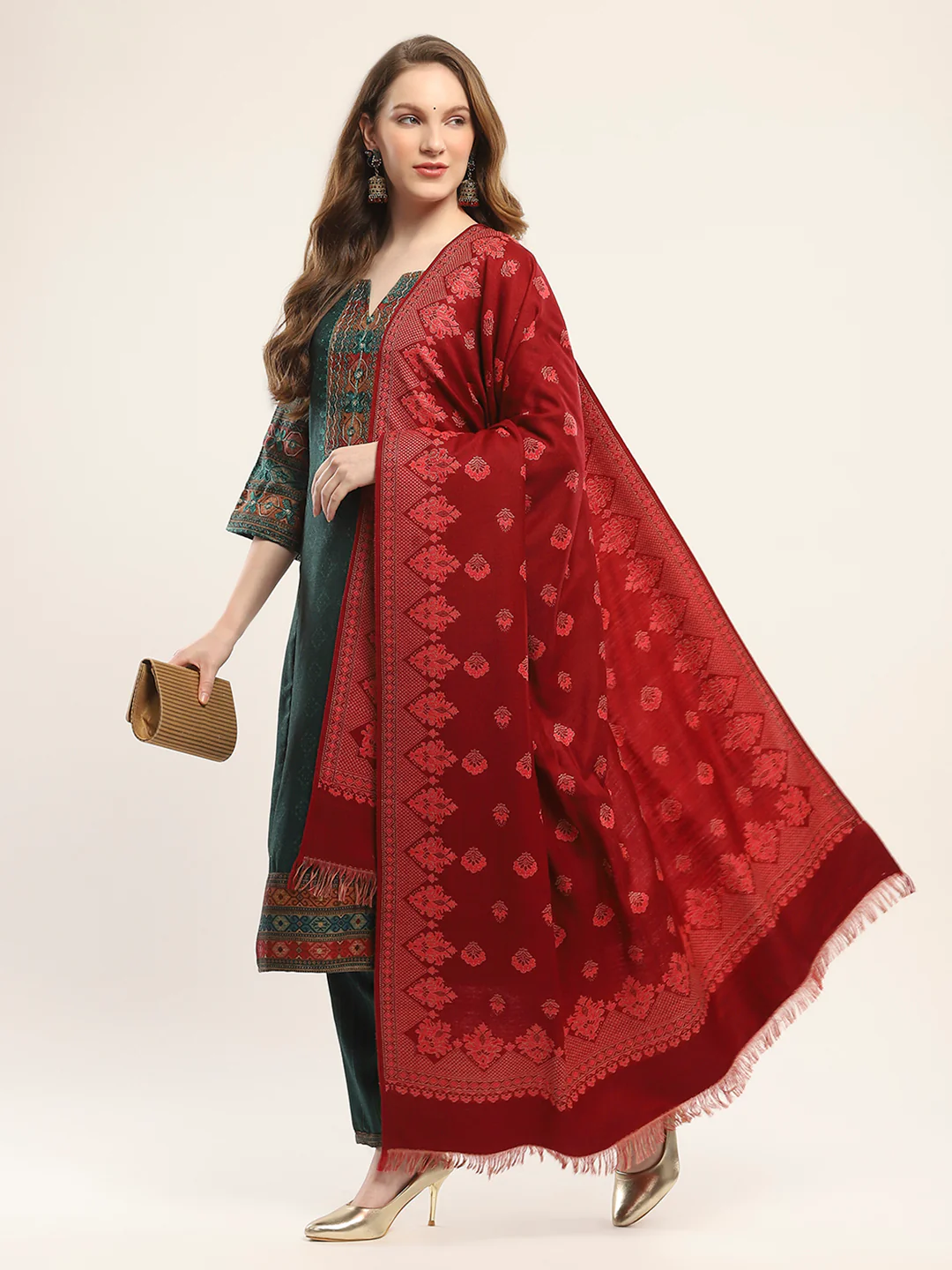 Women Maroon Self Design Shawl - Image 2
