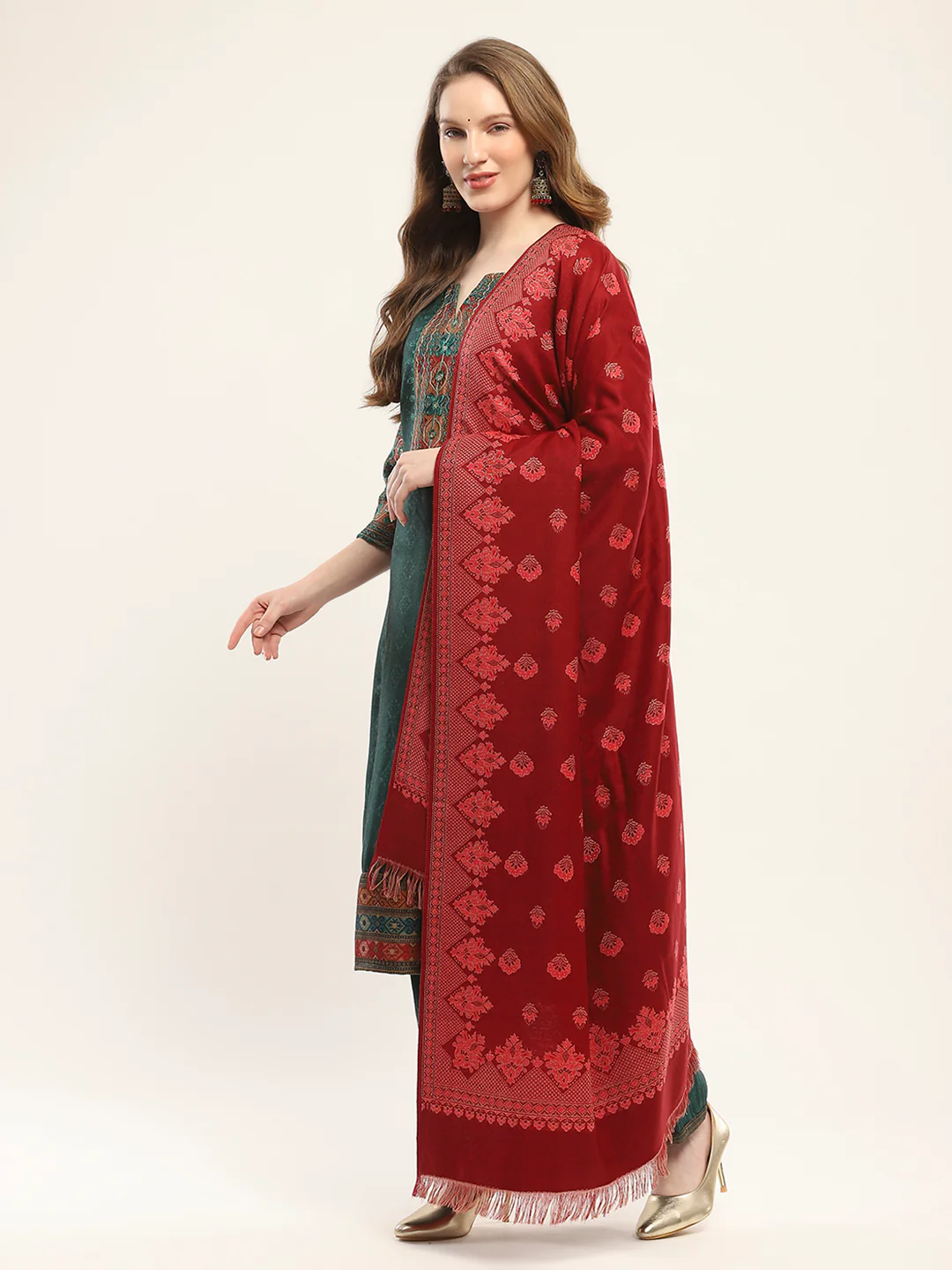 Women Maroon Self Design Shawl - Image 3