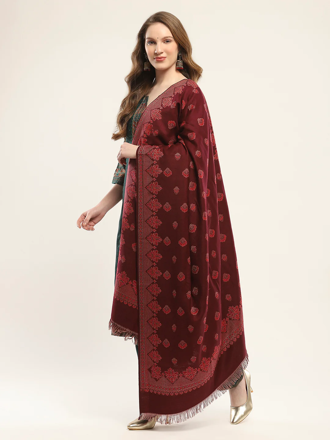 Women Maroon Self Design Shawl - Image 3