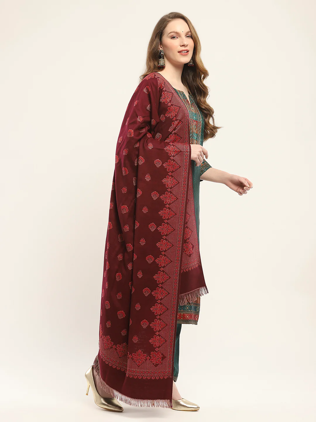 Women Maroon Self Design Shawl - Image 4