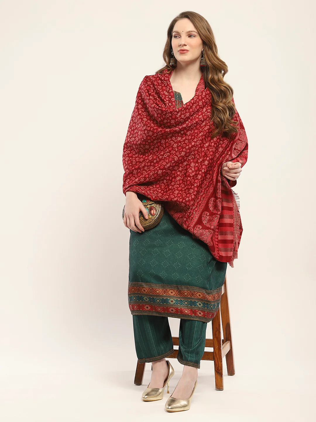 Women Maroon Self Design Shawl - Image 2