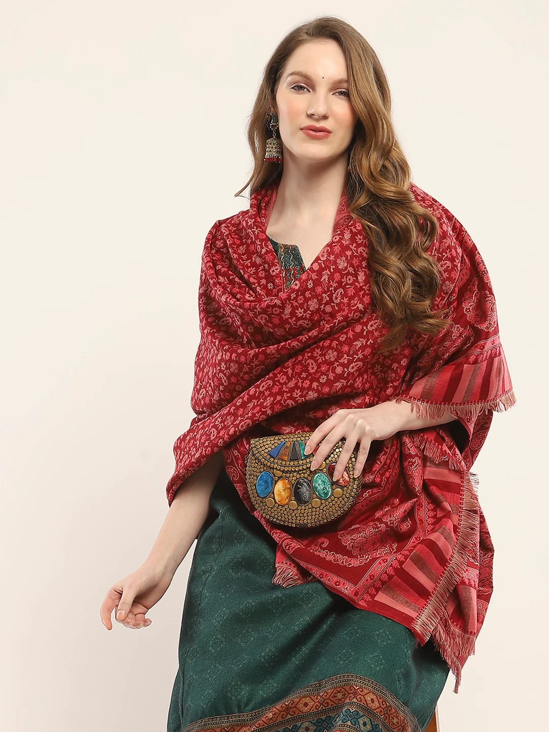 Women Maroon Self Design Shawl - Image 6