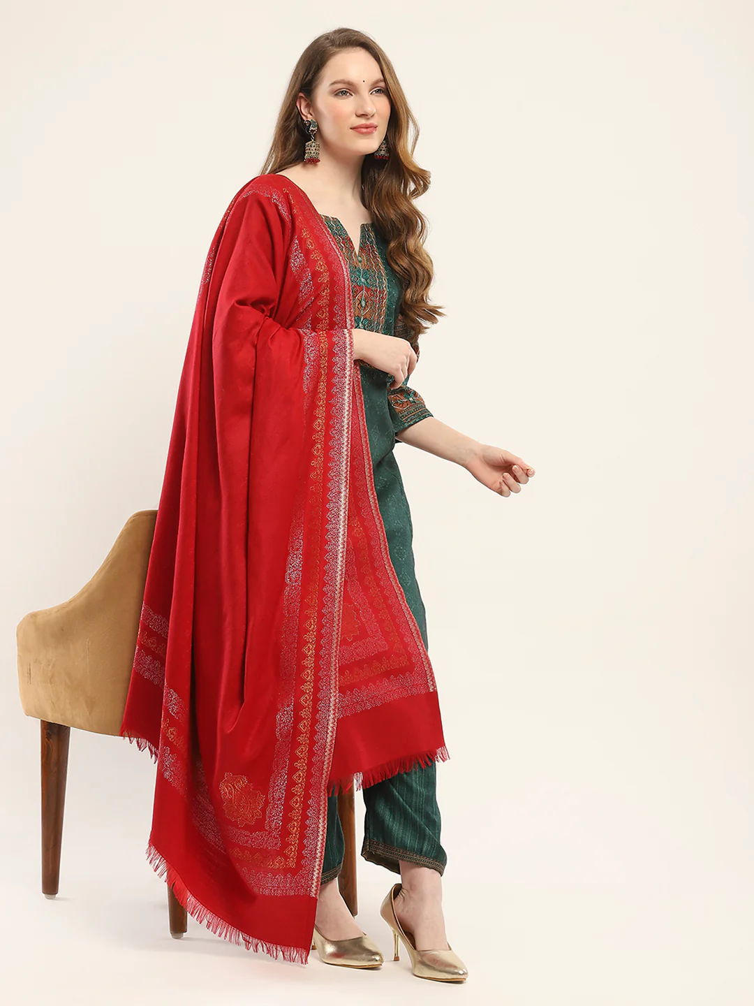 Women Maroon Self Design Shawl - Image 2