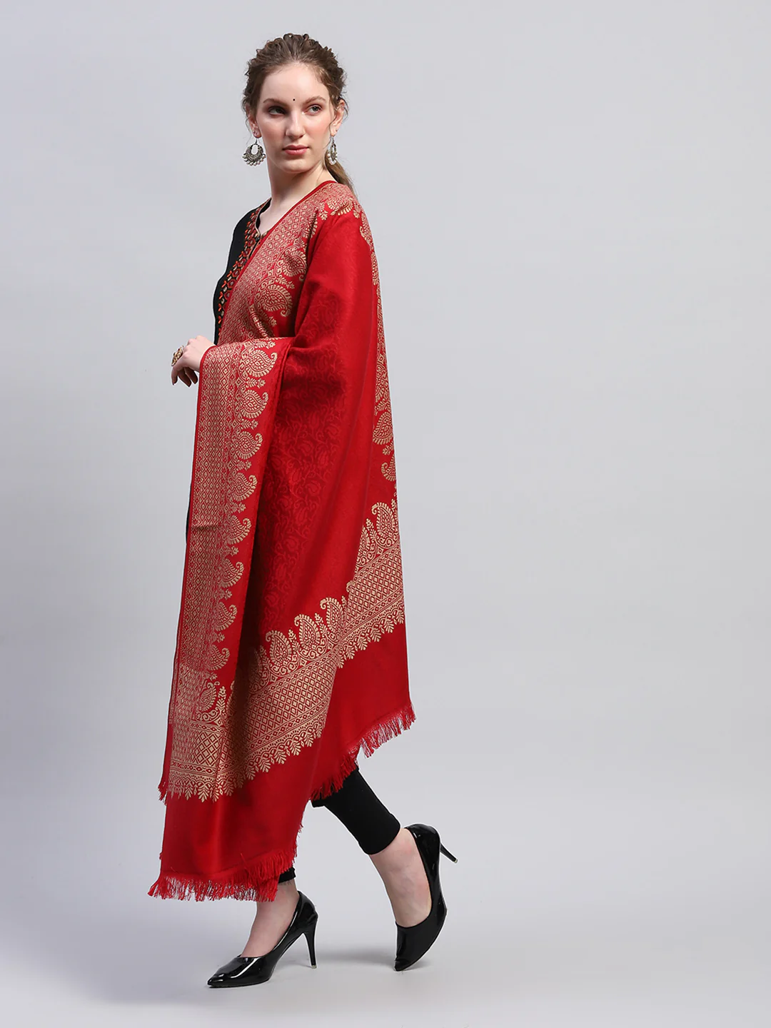 Women Maroon Self Design Shawl - Image 3