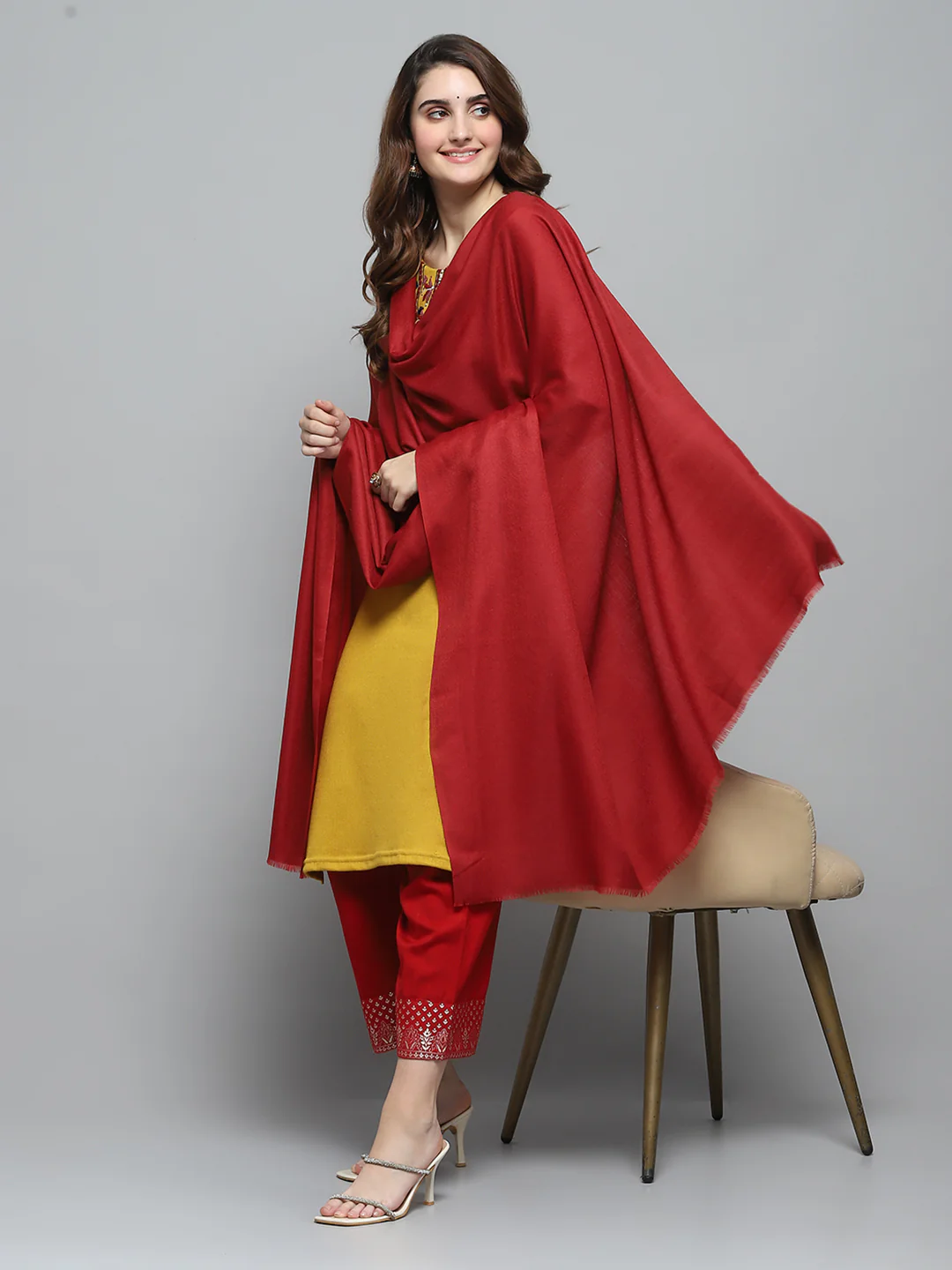 Women Maroon Self Design Shawl - Image 2