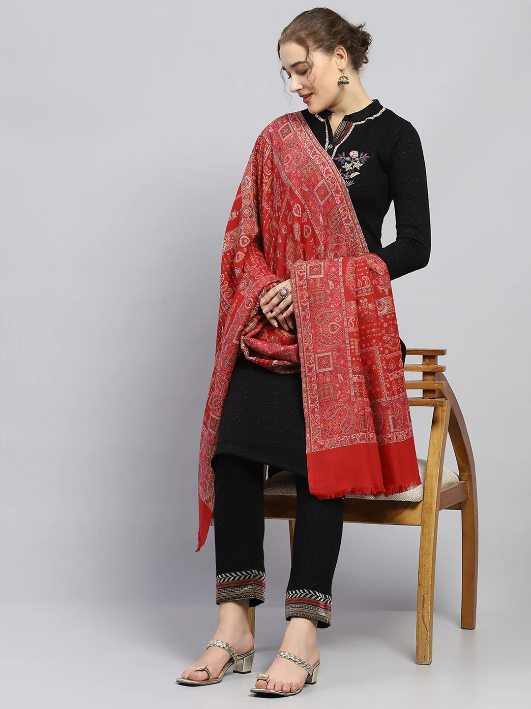 Women Maroon Self Design Shawl - Image 2
