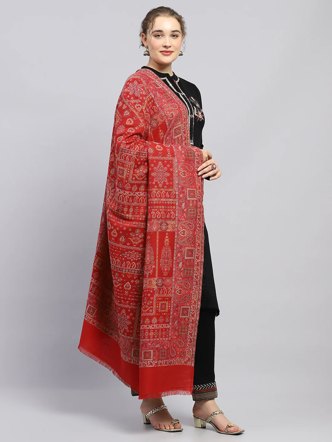 Women Maroon Self Design Shawl - Image 4