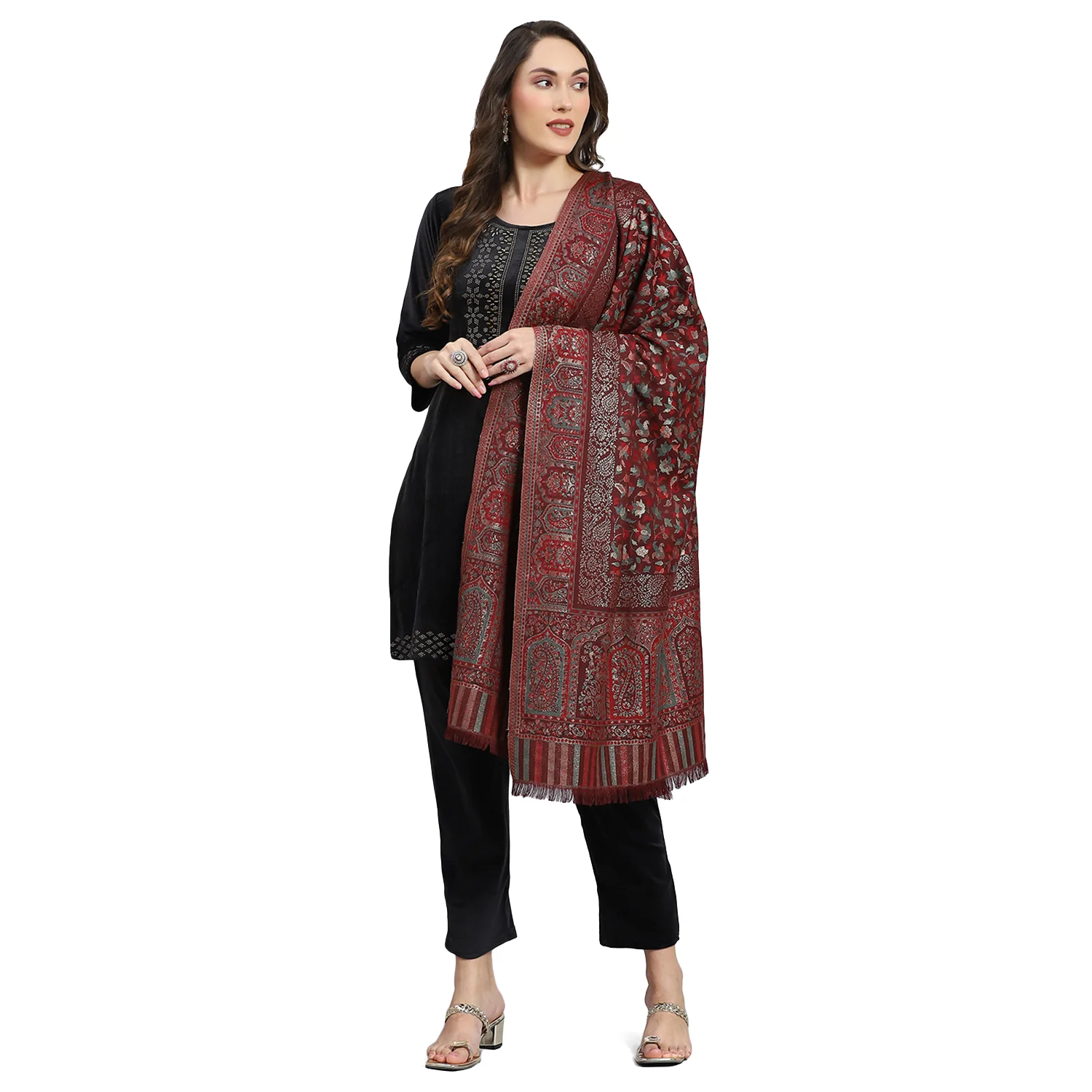 Women Maroon Self Design Stole - Image 5