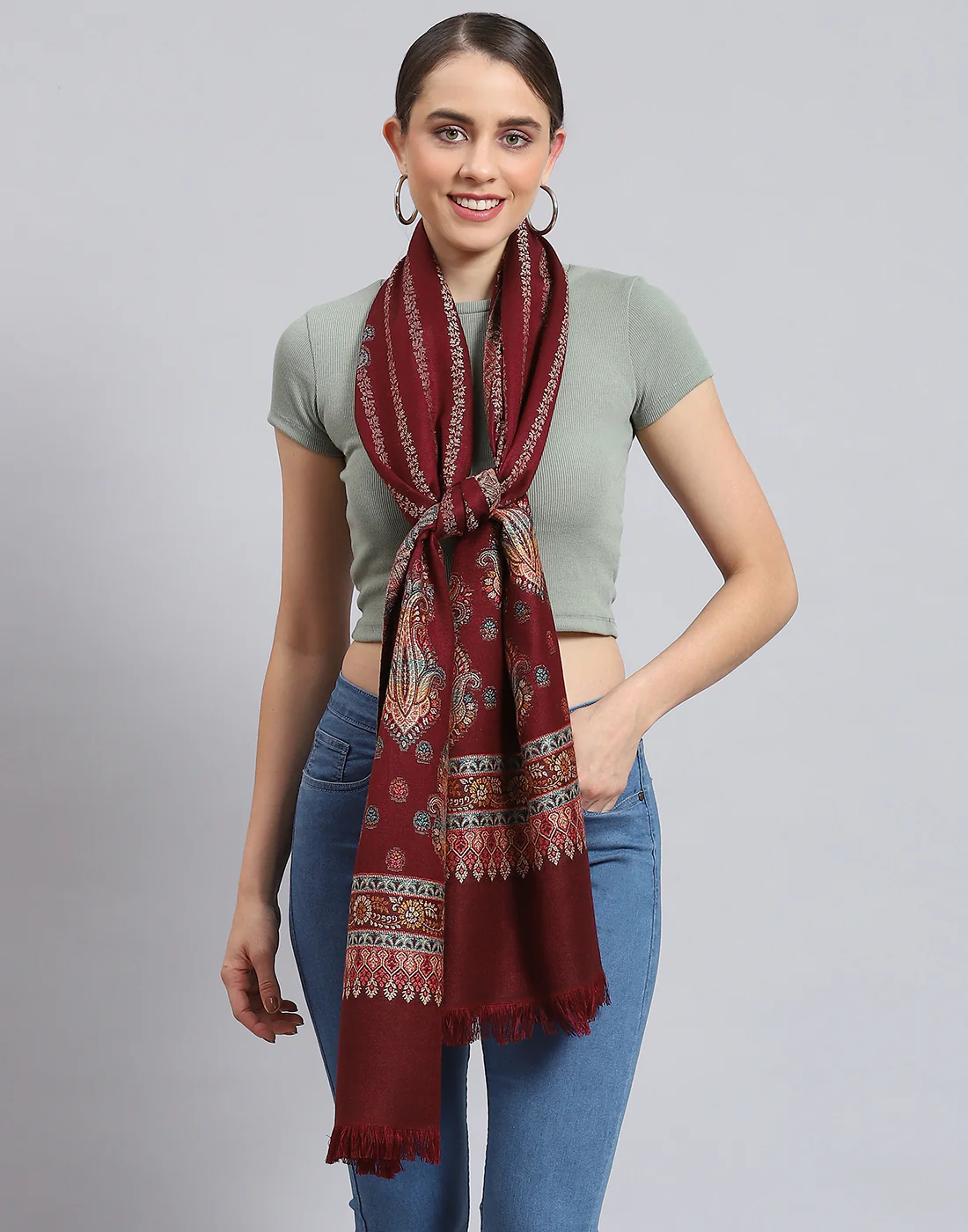 Women Maroon Self Design Stole - Image 2