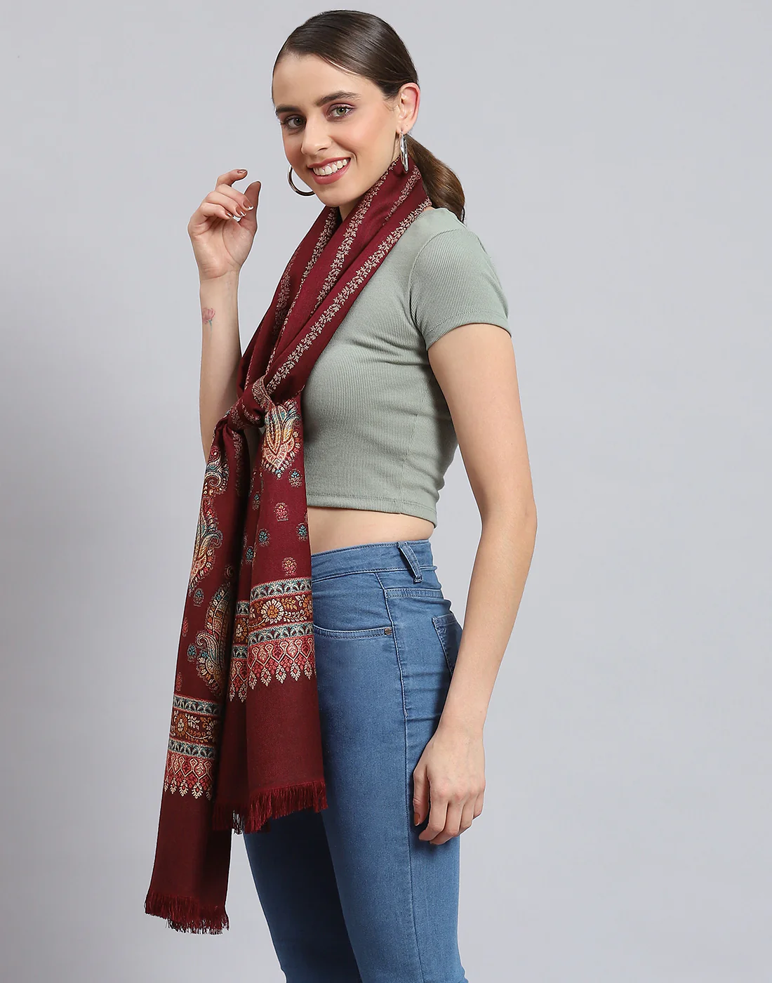 Women Maroon Self Design Stole - Image 3