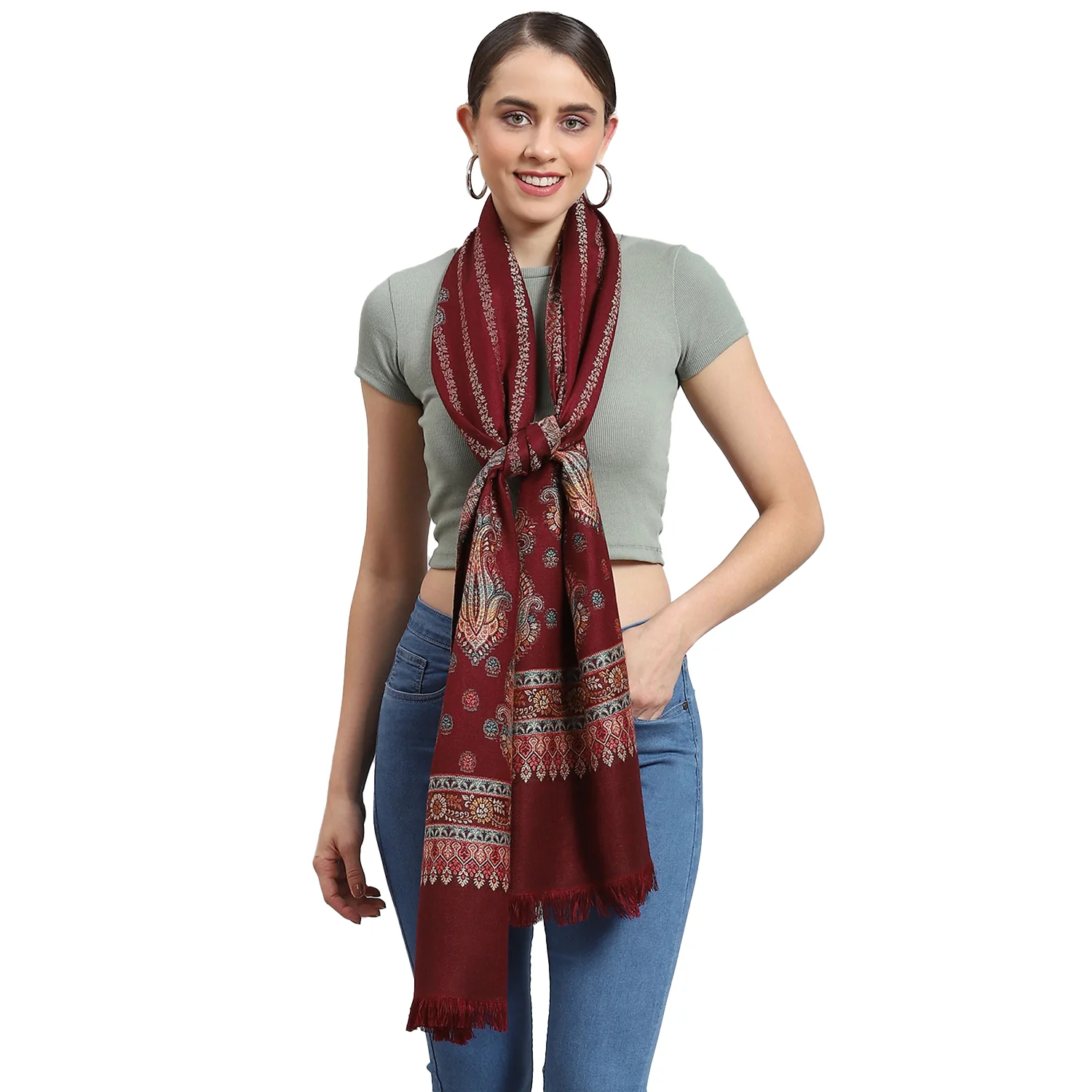 Women Maroon Self Design Stole - Image 5