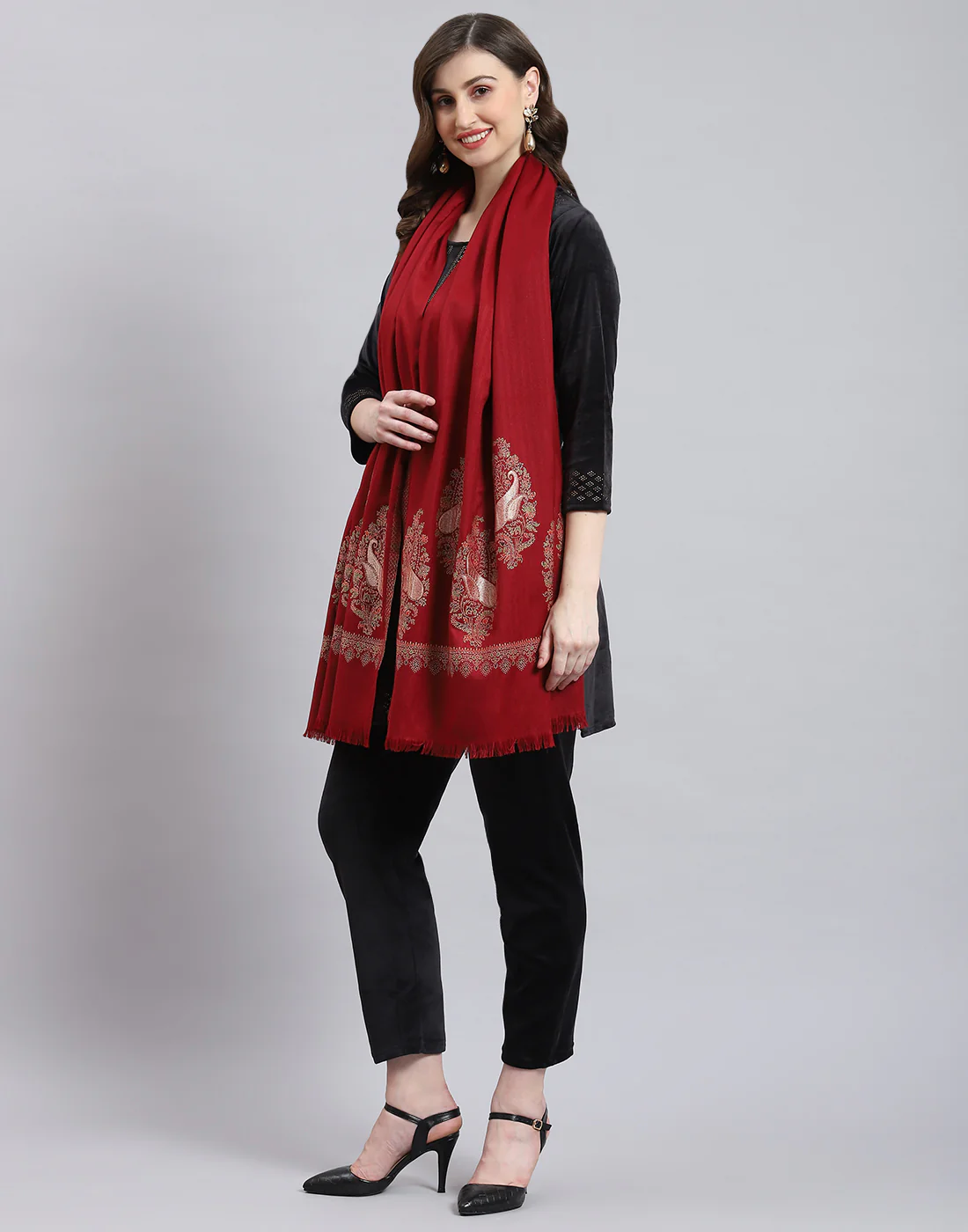 Women Maroon Self Design Stole - Image 3