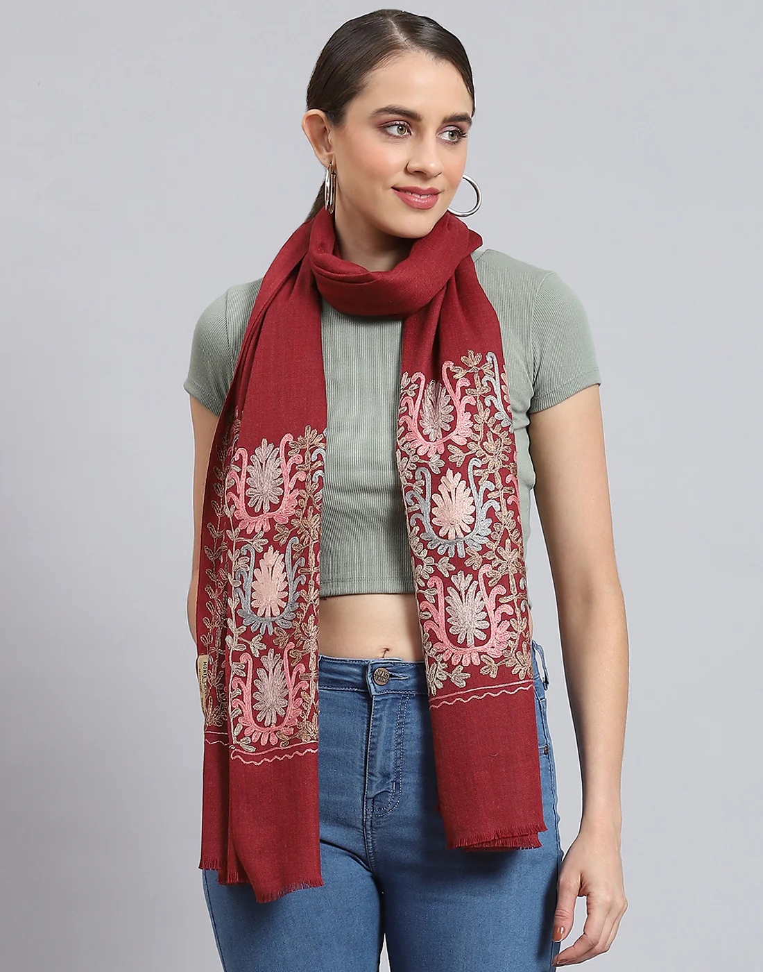 Women Maroon Self Design Stole - Image 3