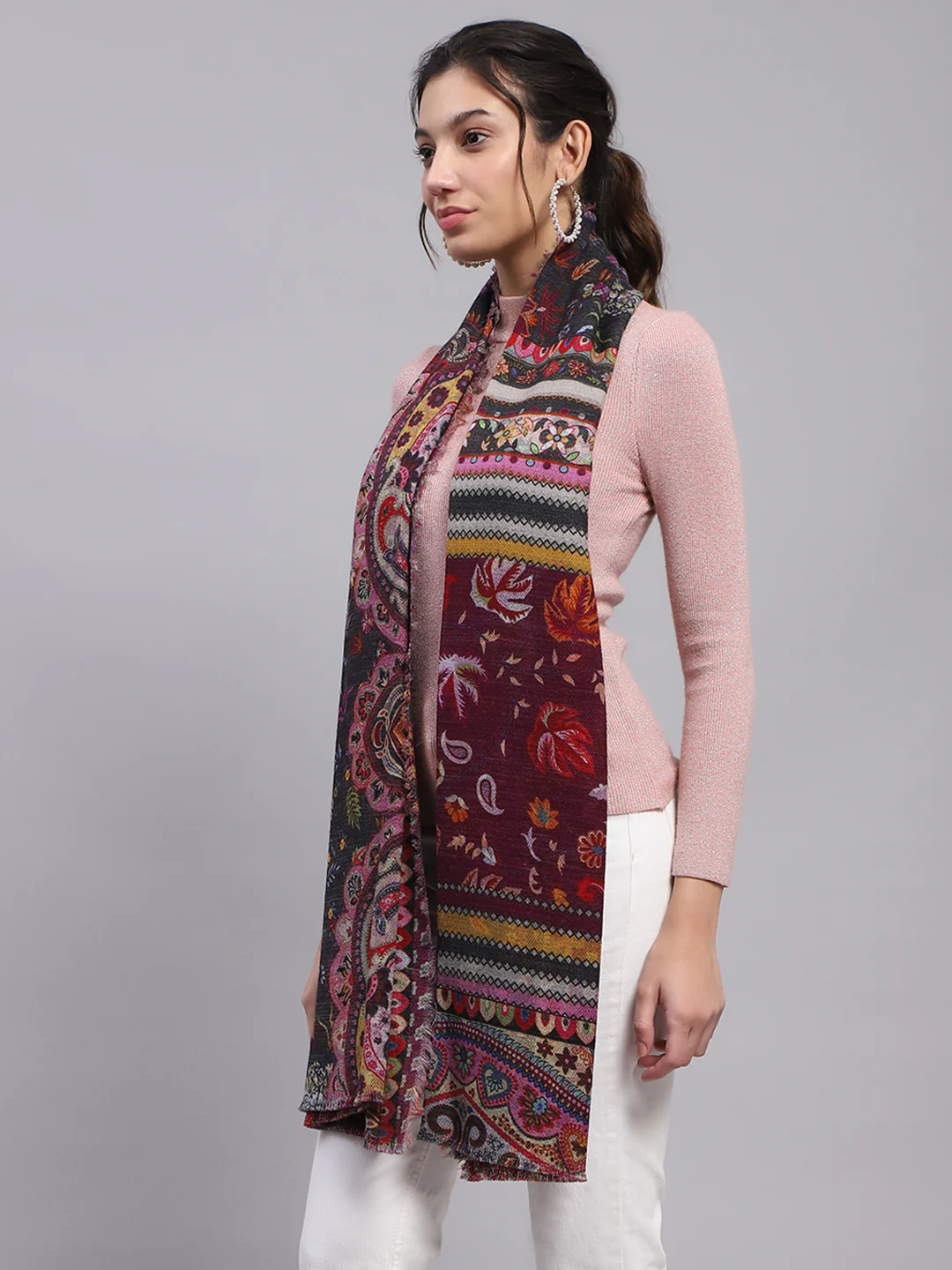 Women Maroon Self Design Stole - Image 4