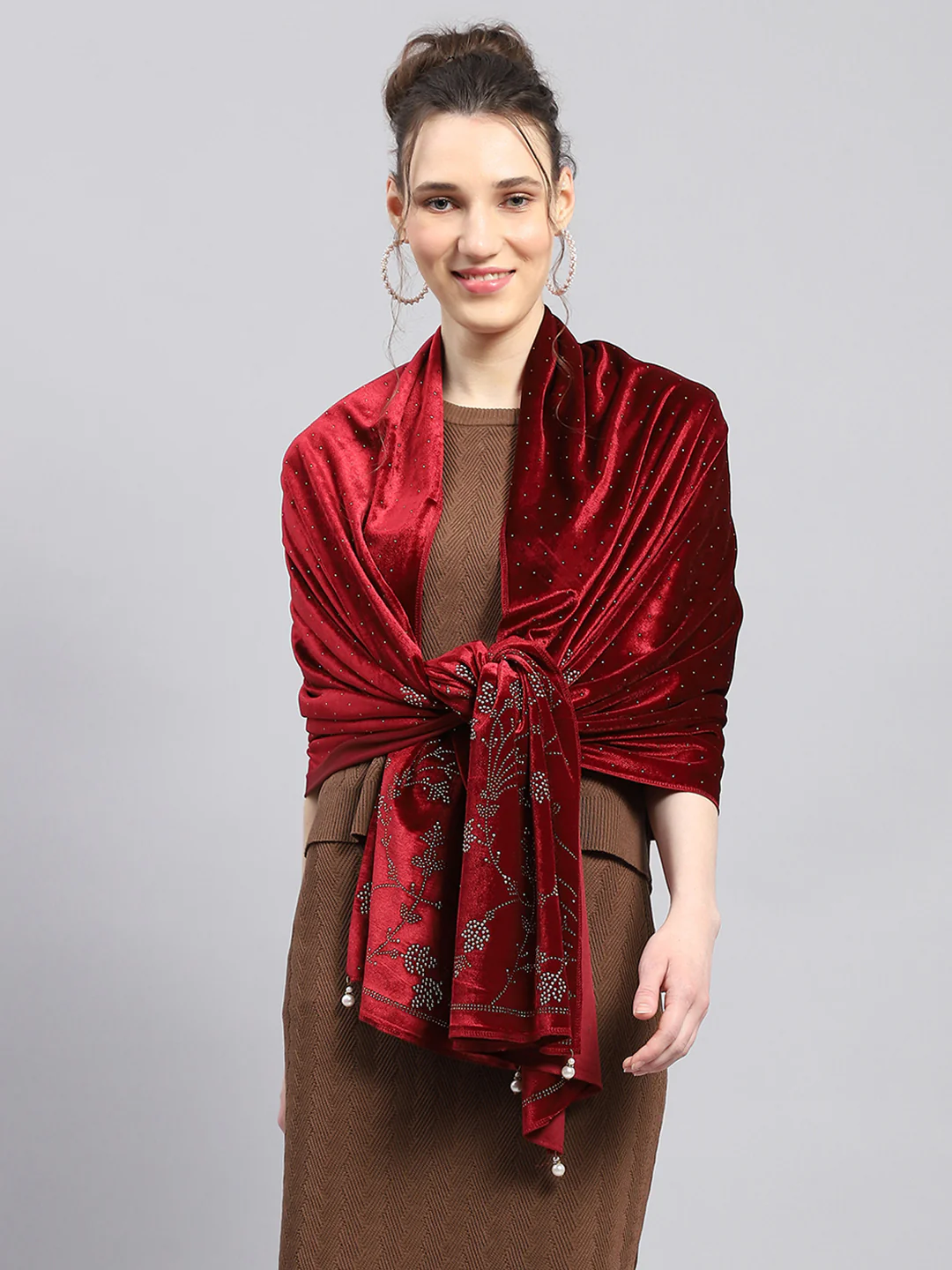 Women Maroon Self Design Stole - Image 3