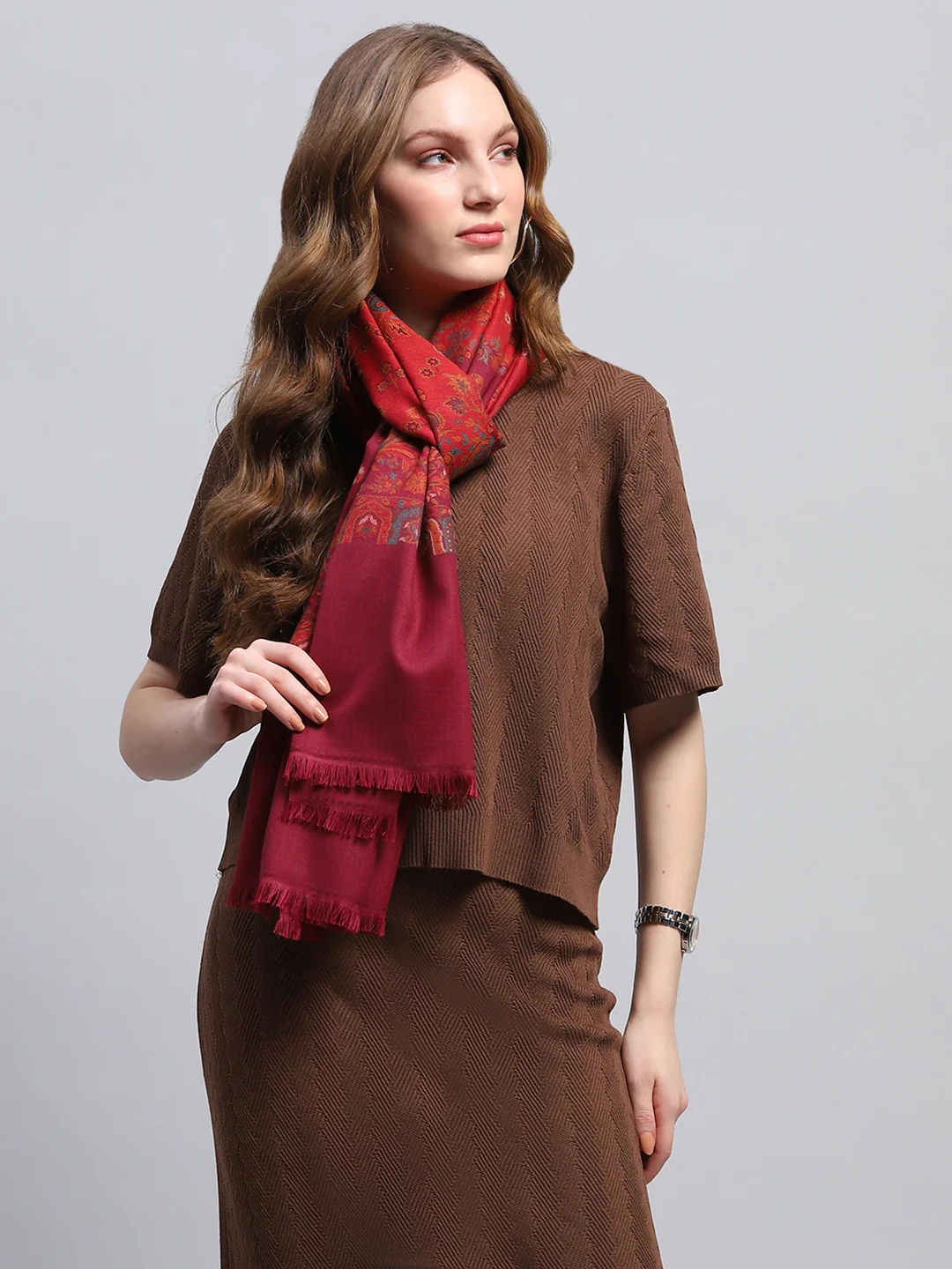 Women Maroon Self Design Stole - Image 3