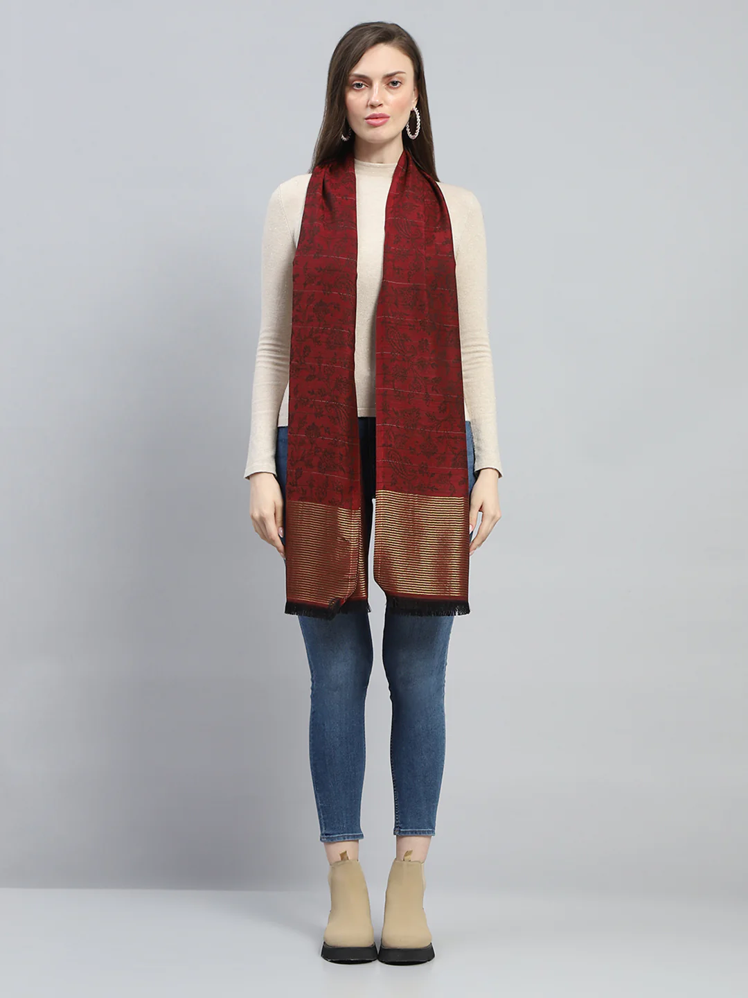 Women Maroon Self Design Stole - Image 5
