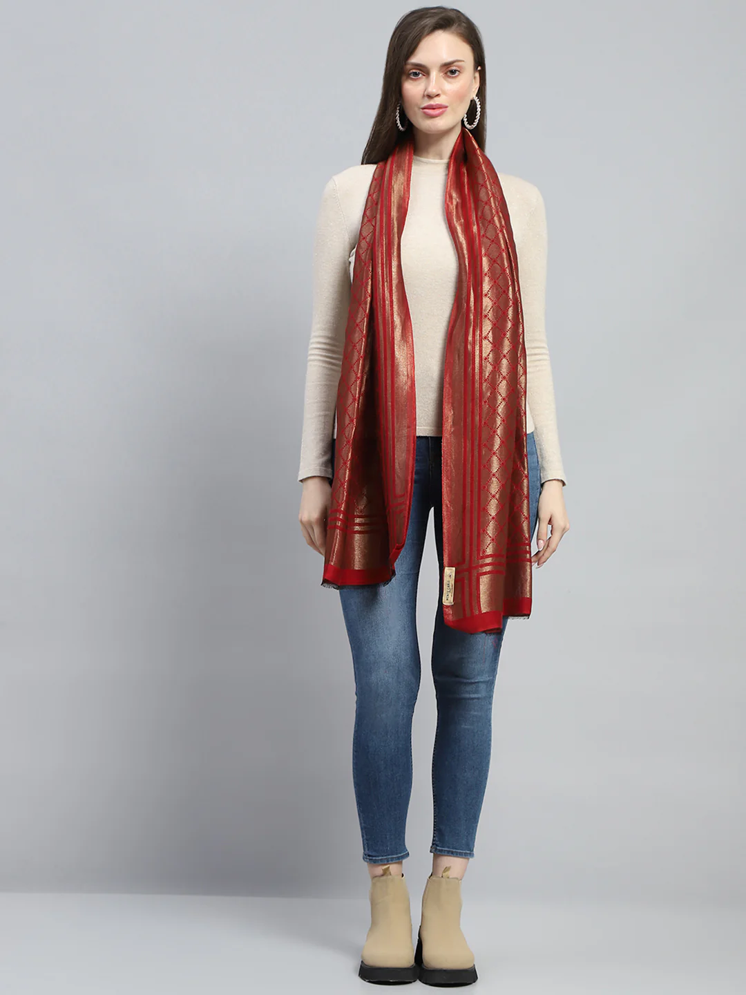 Women Maroon Self Design Stole - Image 5