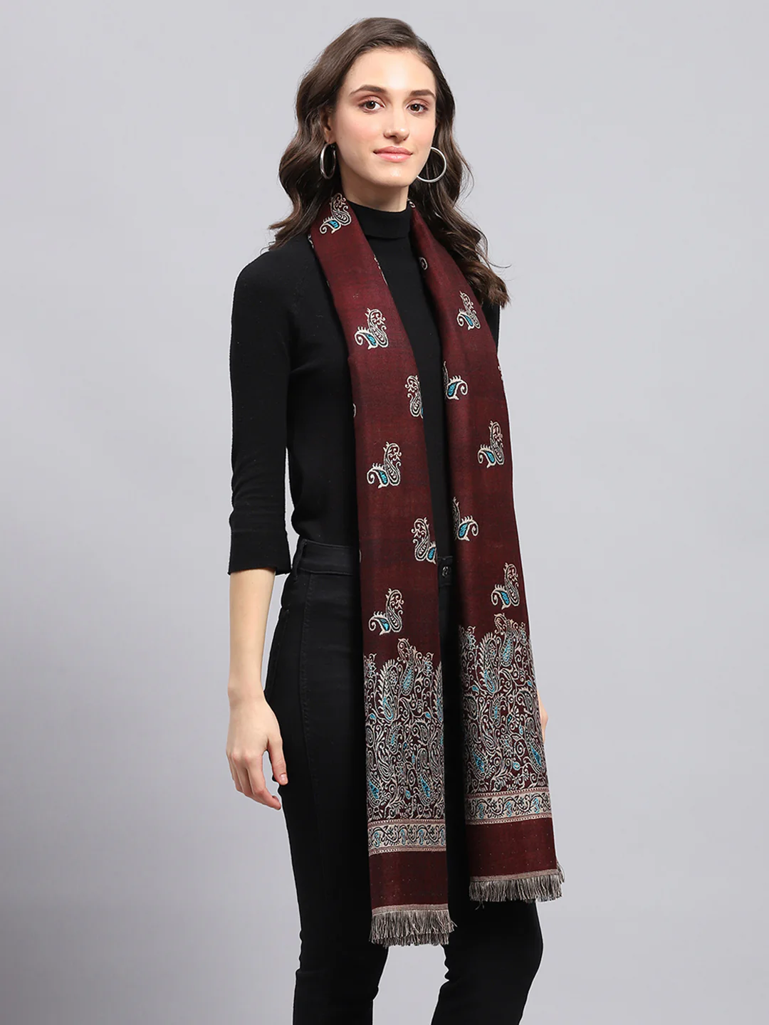 Women Maroon Self Design Stole - Image 4