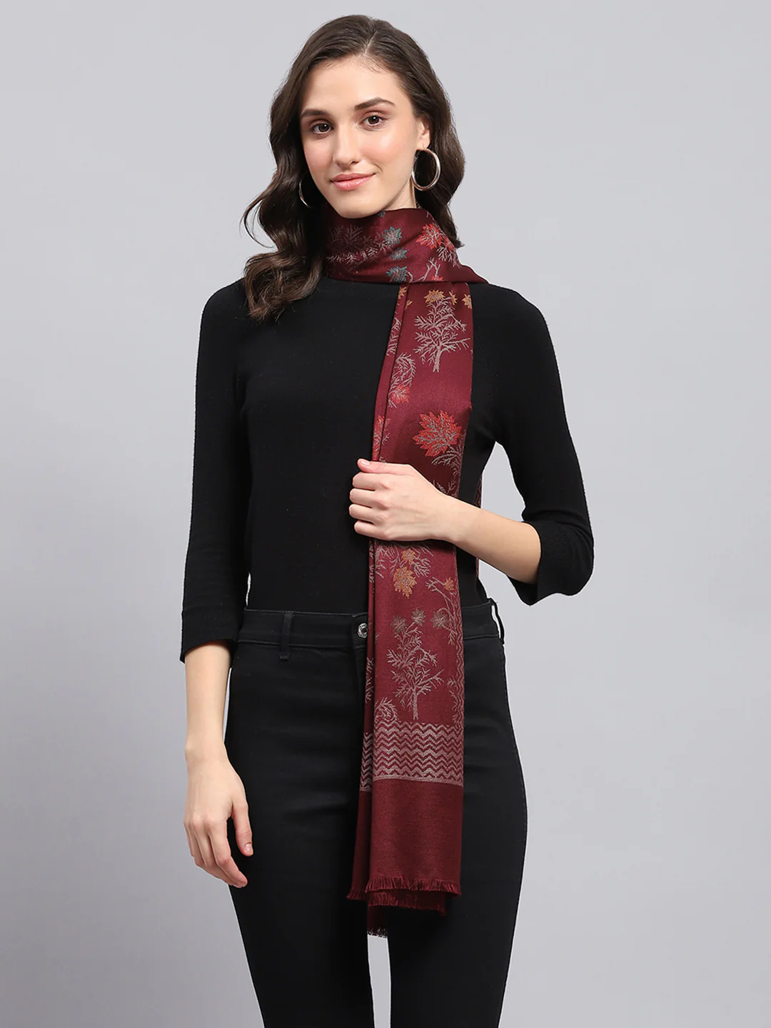 Women Maroon Self Design Stole - Image 3