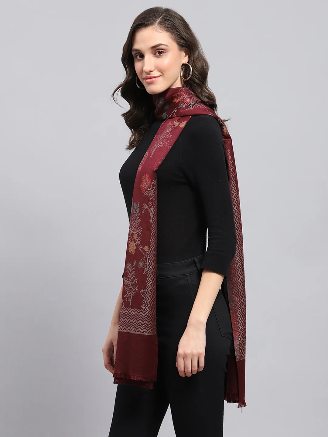 Women Maroon Self Design Stole - Image 4