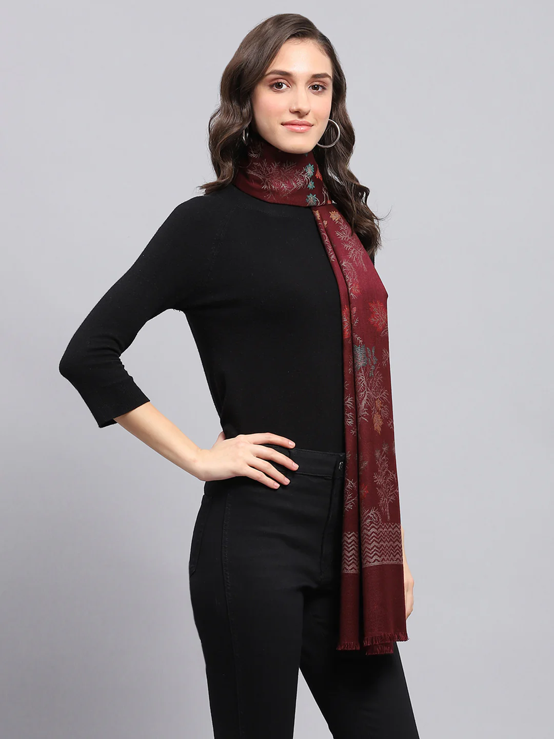 Women Maroon Self Design Stole - Image 5