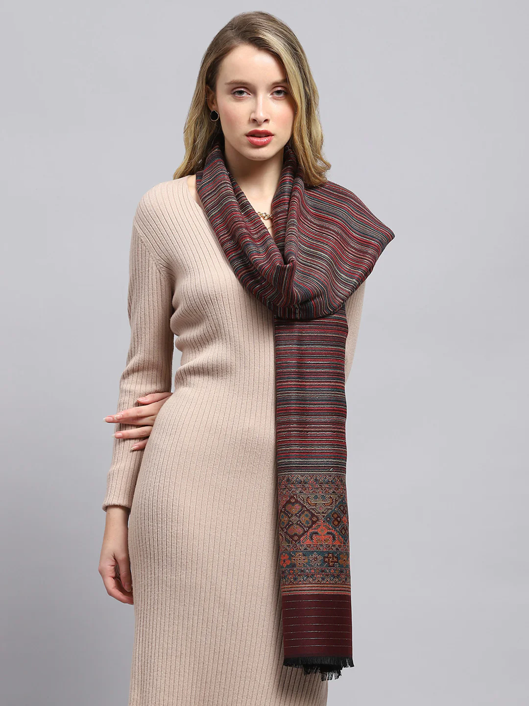 Women Maroon Self Design Stole - Image 3
