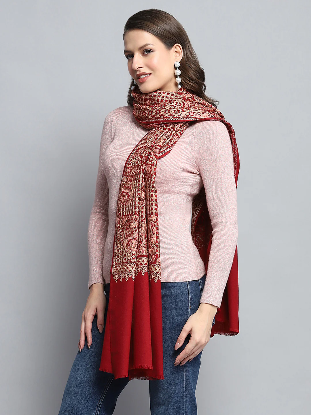 Women Maroon Self Design Stole - Image 5