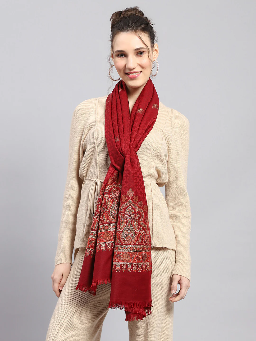 Women Maroon Self Design Stole - Image 3
