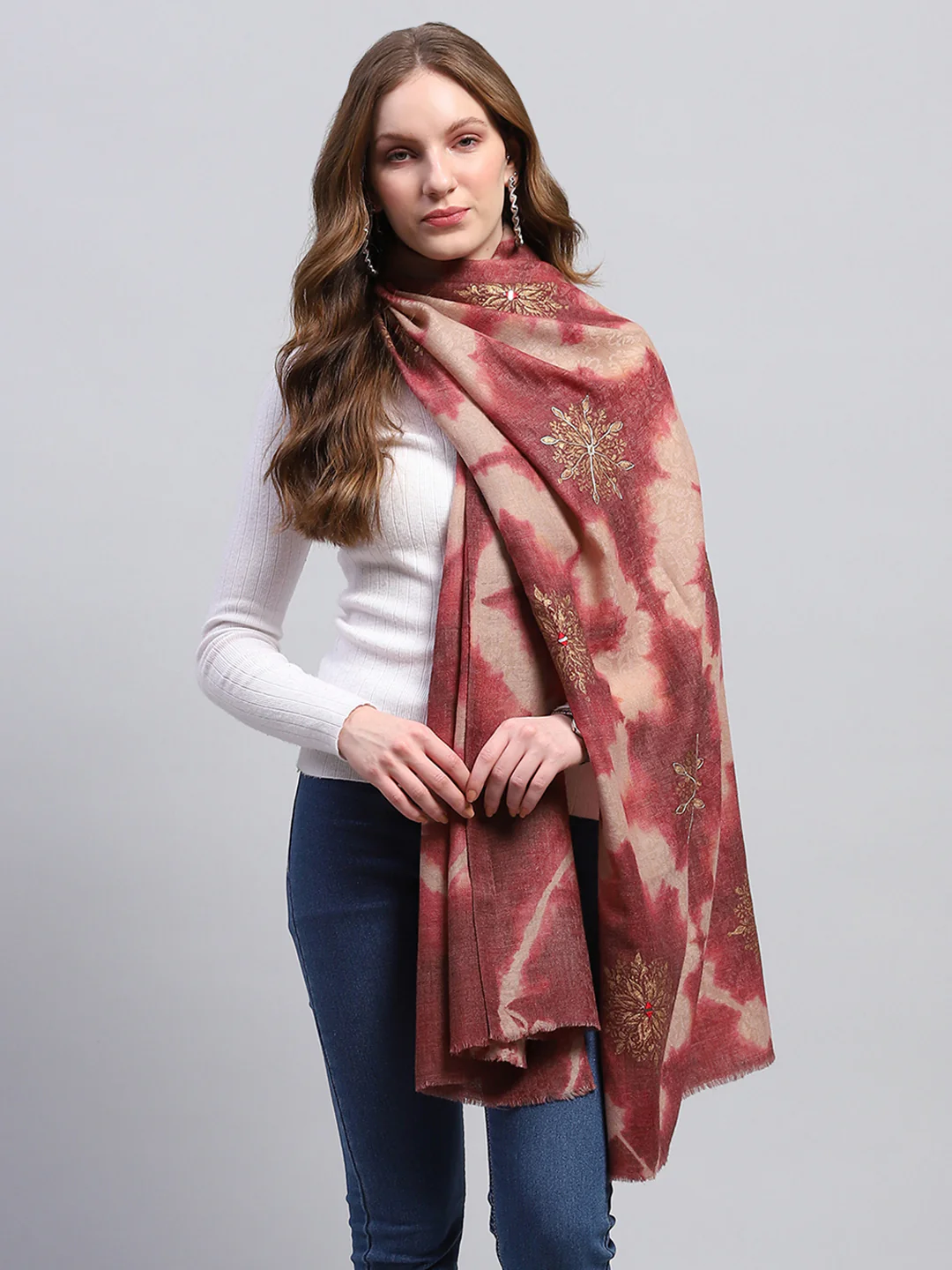 Women Maroon Self Design Stole - Image 3