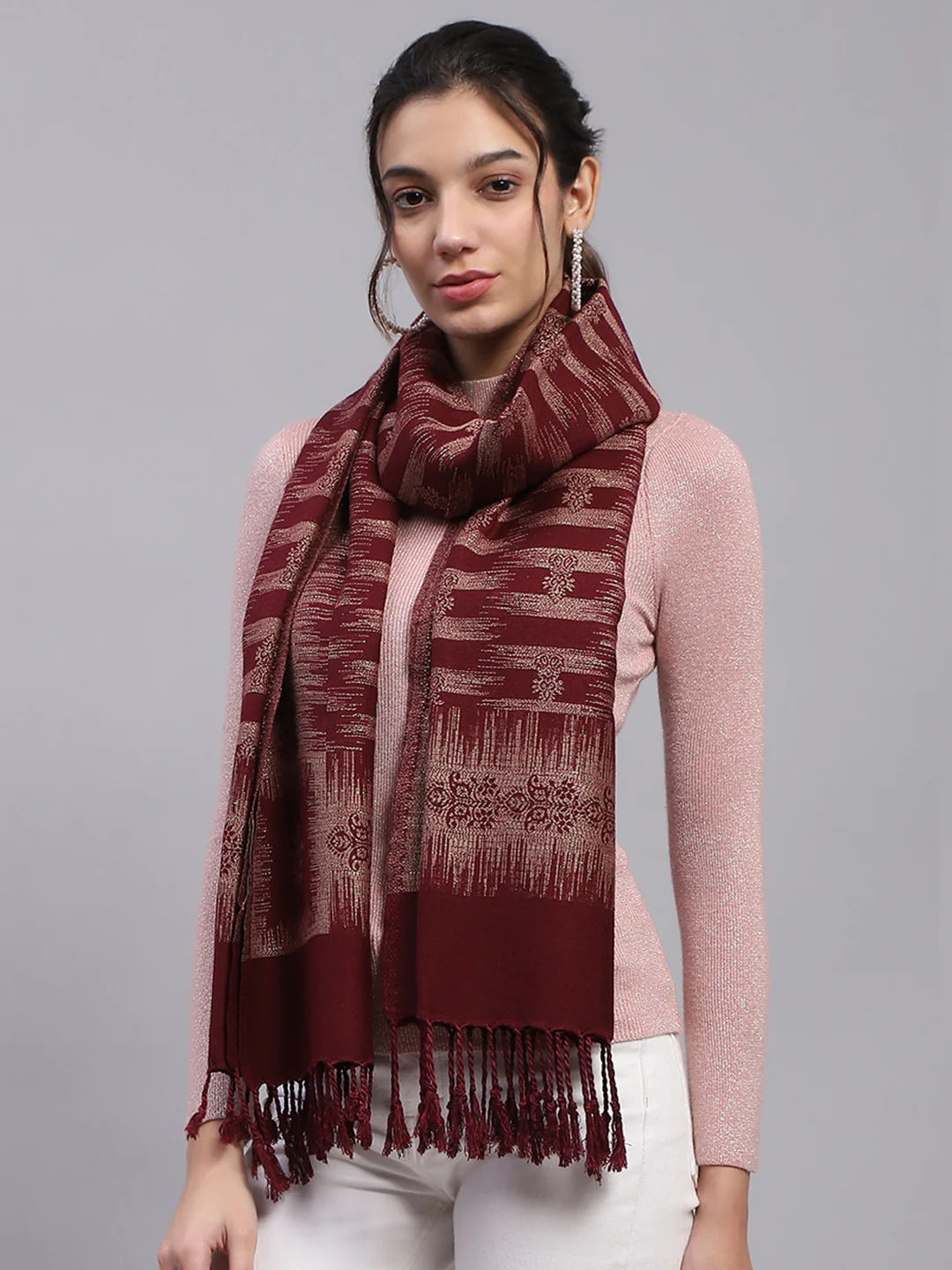 Women Maroon Self Design Stole - Image 4