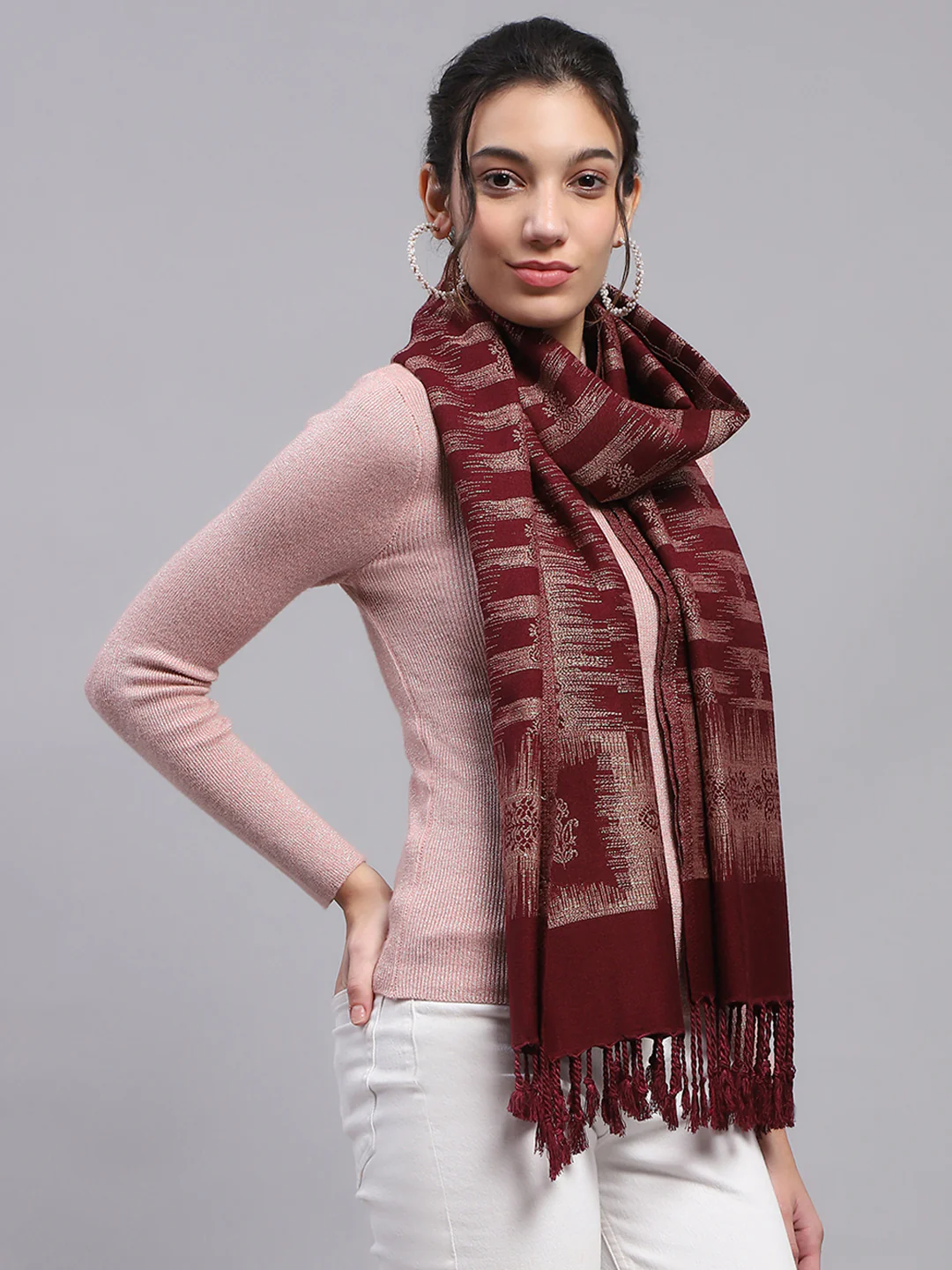 Women Maroon Self Design Stole - Image 5