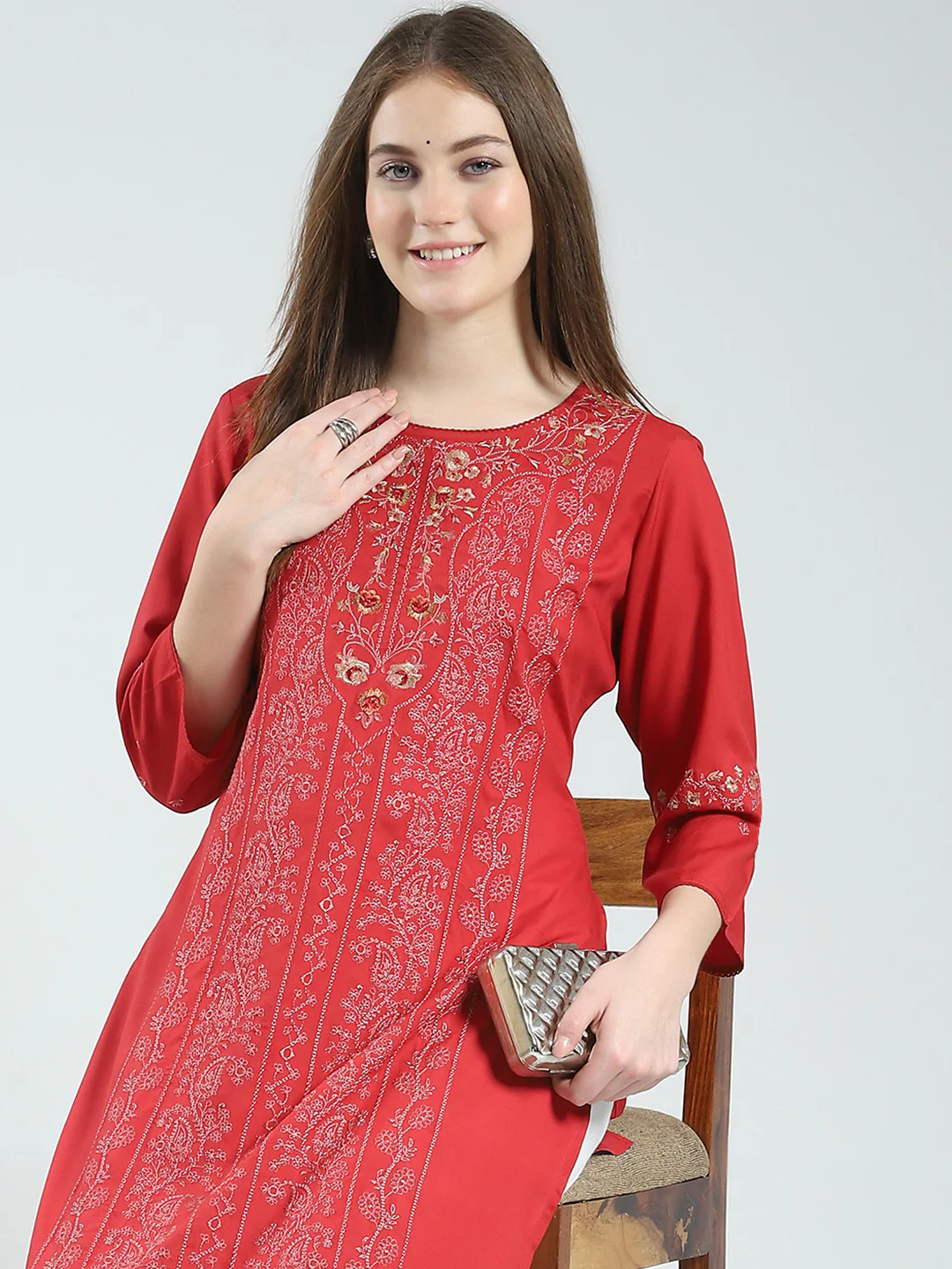 Women Maroon Self Design Round Neck 3/4th Sleeve Kurti - Image 6