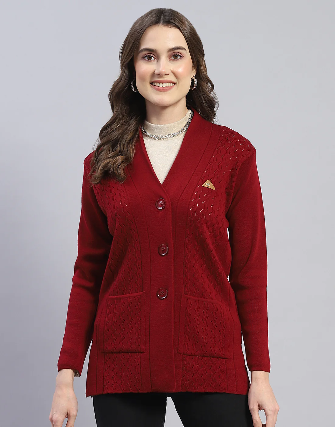 Women Maroon Self Design V Neck Full Sleeve Cardigan - Image 2
