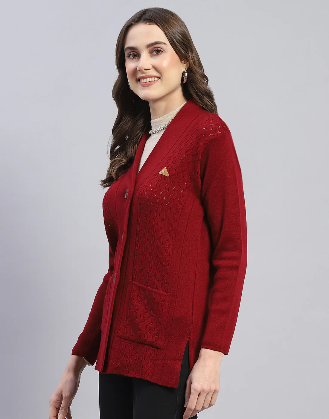 Women Maroon Self Design V Neck Full Sleeve Cardigan - Image 3