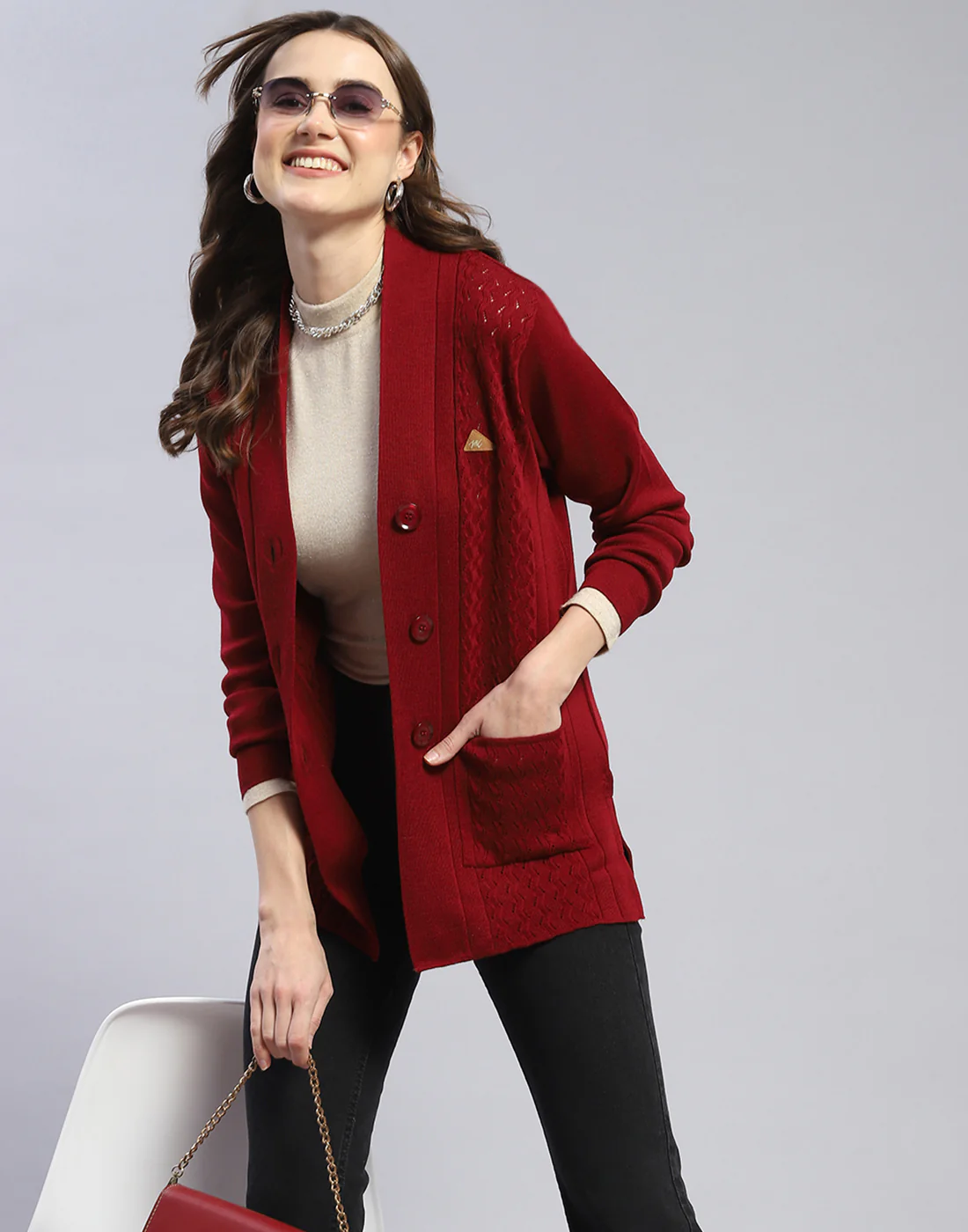 Women Maroon Self Design V Neck Full Sleeve Cardigan - Image 6