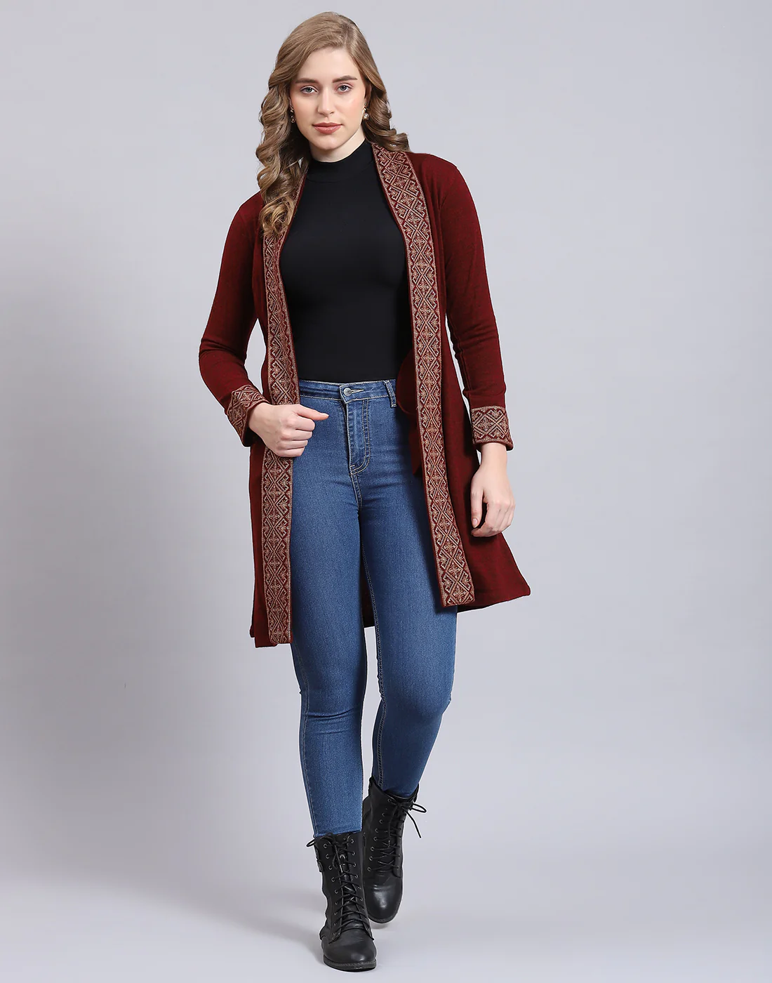 Women Maroon Self Design V Neck Full Sleeve Cardigan - Image 2