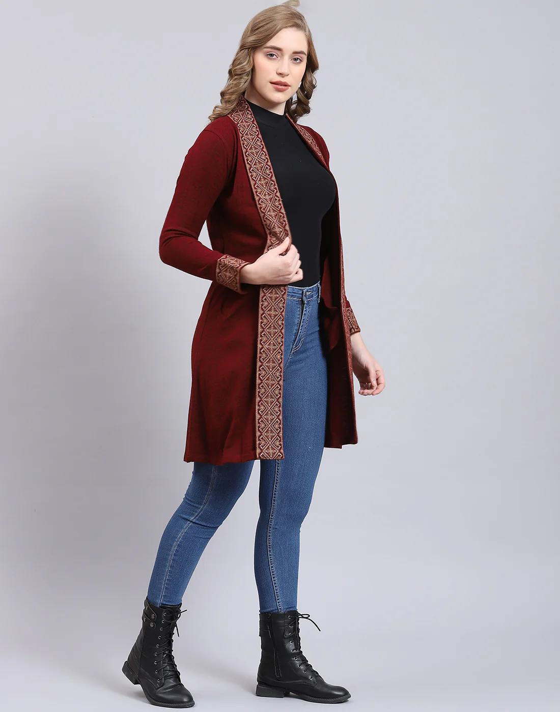 Women Maroon Self Design V Neck Full Sleeve Cardigan - Image 4