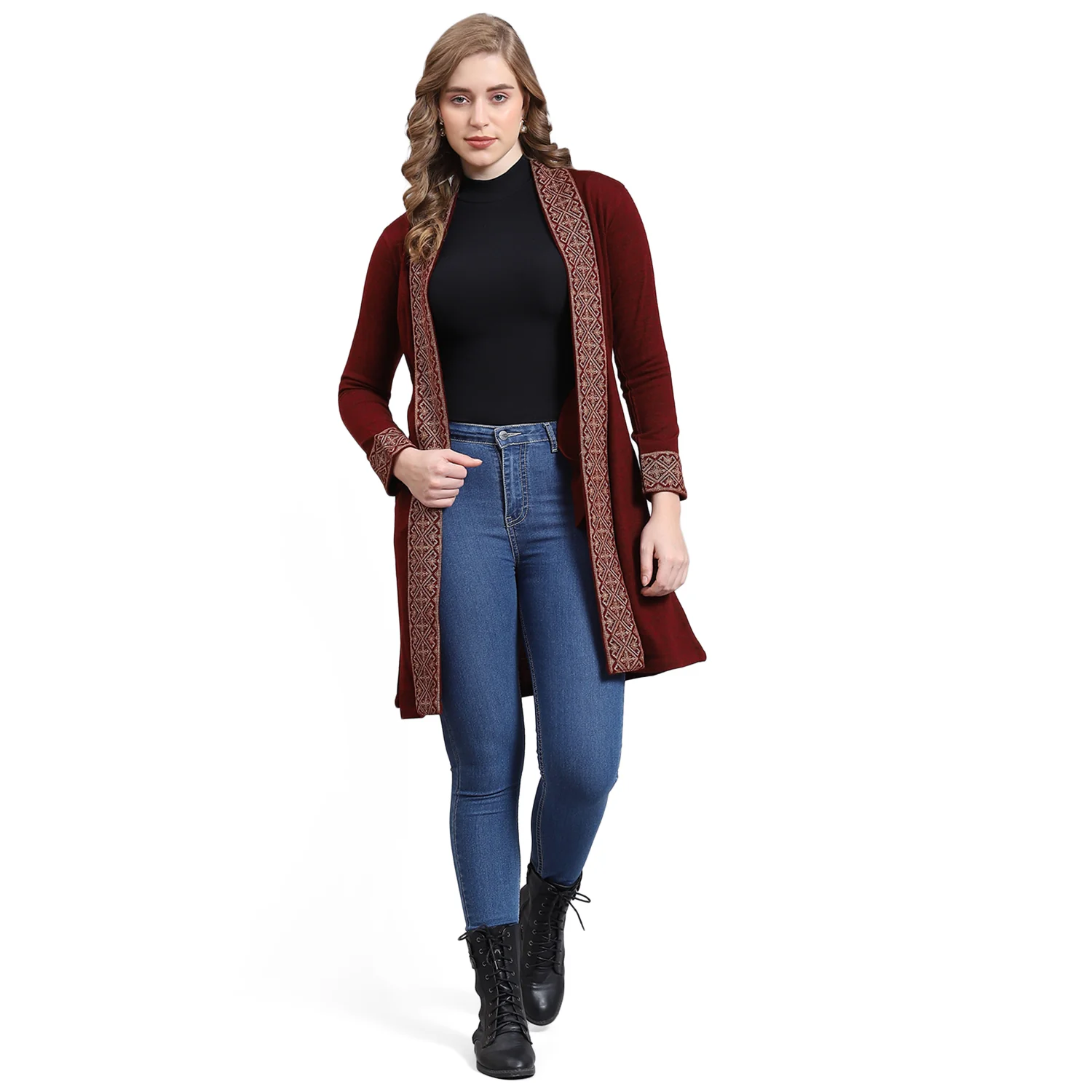 Women Maroon Self Design V Neck Full Sleeve Cardigan - Image 5