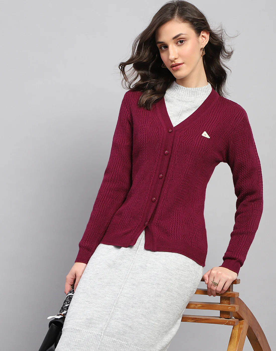 Women Maroon Self Design V Neck Full Sleeve Cardigan - Image 2