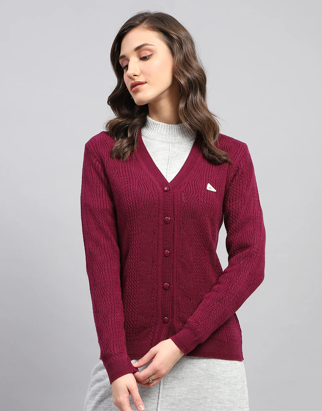 Women Maroon Self Design V Neck Full Sleeve Cardigan - Image 3