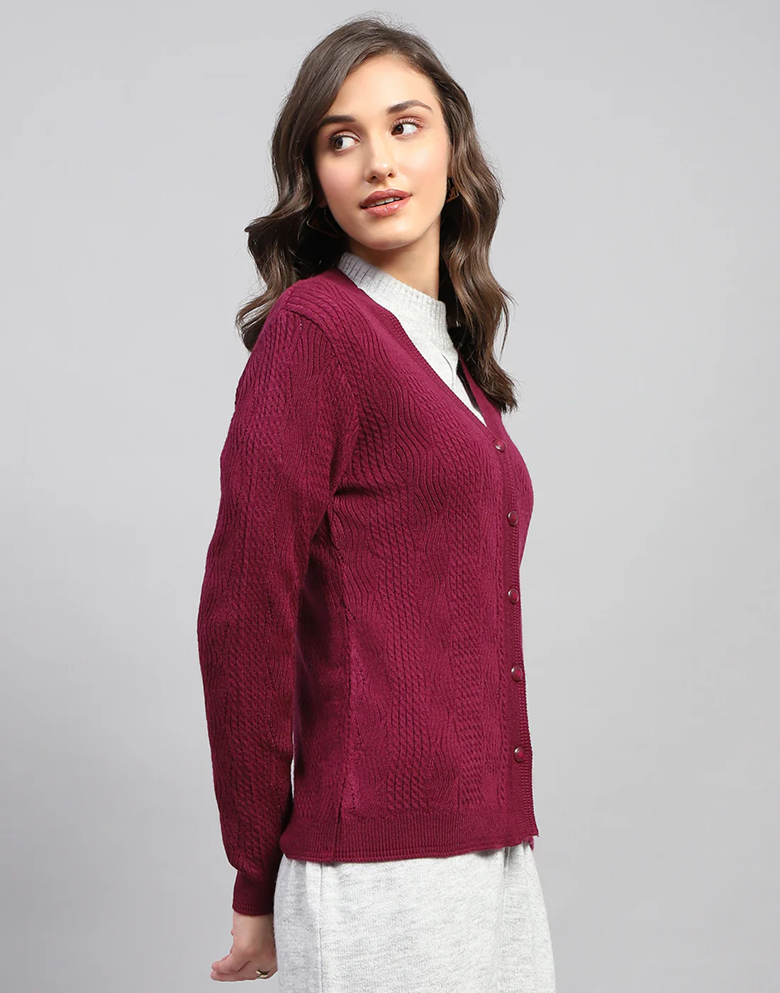 Women Maroon Self Design V Neck Full Sleeve Cardigan - Image 5